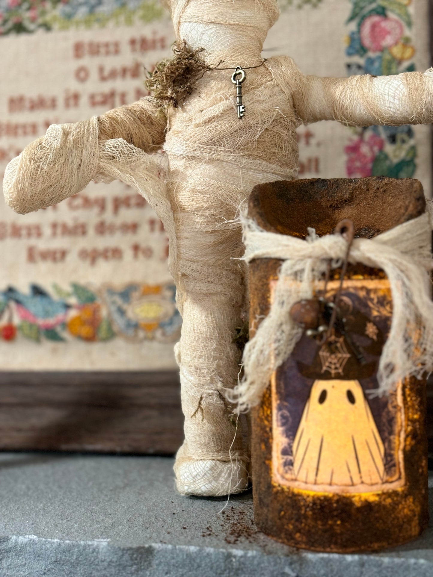 Primitive Halloween Grubby Pillar Candle, Battery Operated Primitive Candle, Handmade Grubby Candle, Autumn Decor, Halloween Ghost Decor