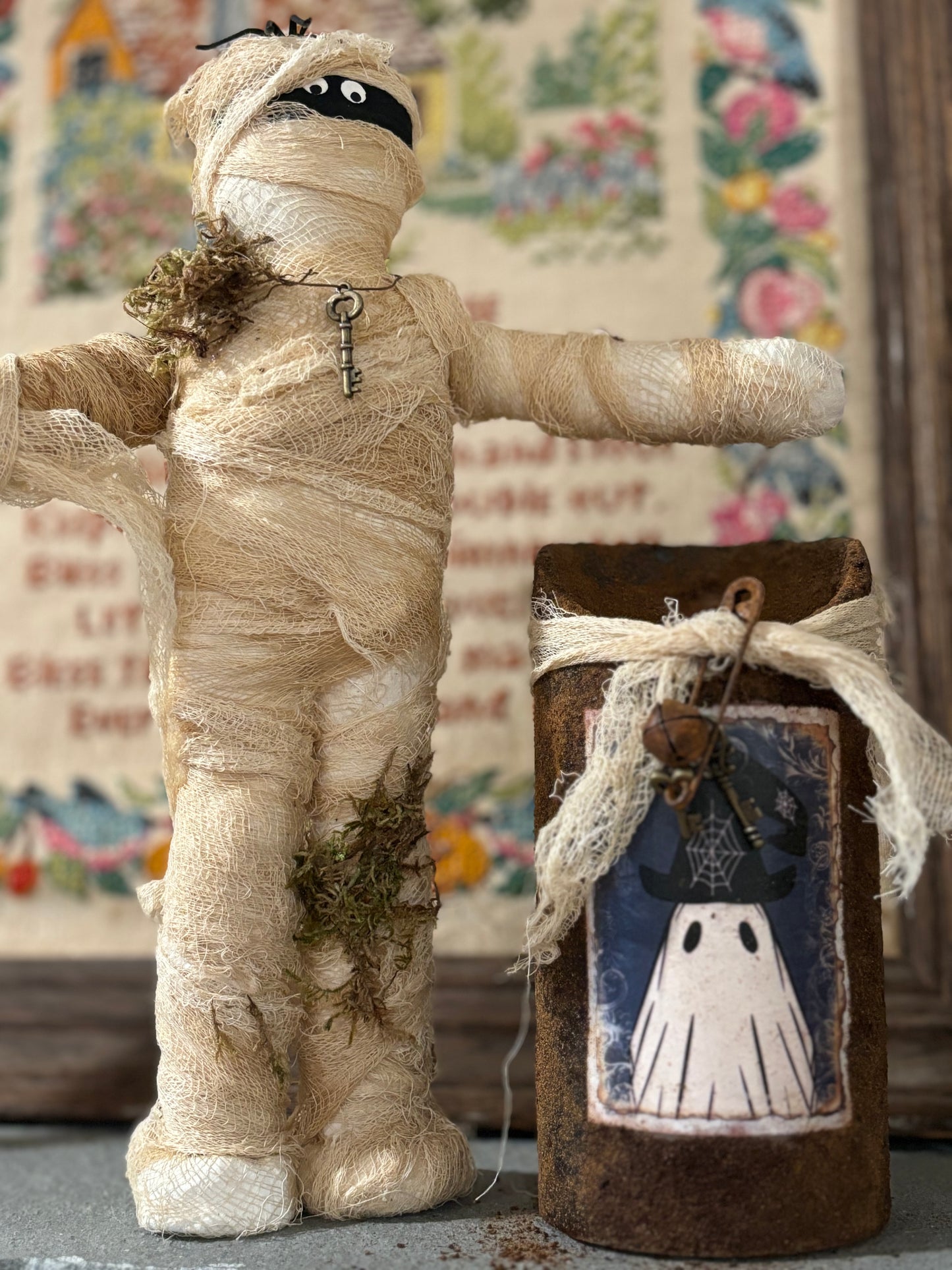 Primitive Halloween Grubby Pillar Candle, Battery Operated Primitive Candle, Handmade Grubby Candle, Autumn Decor, Halloween Ghost Decor