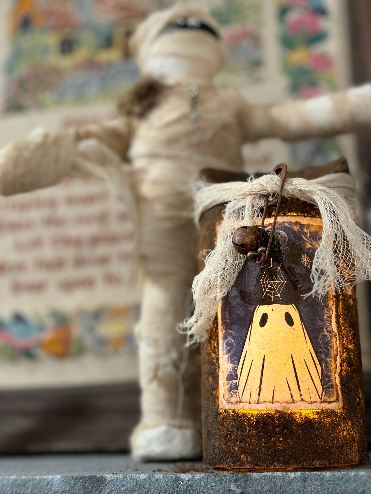 Primitive Halloween Grubby Pillar Candle, Battery Operated Primitive Candle, Handmade Grubby Candle, Autumn Decor, Halloween Ghost Decor