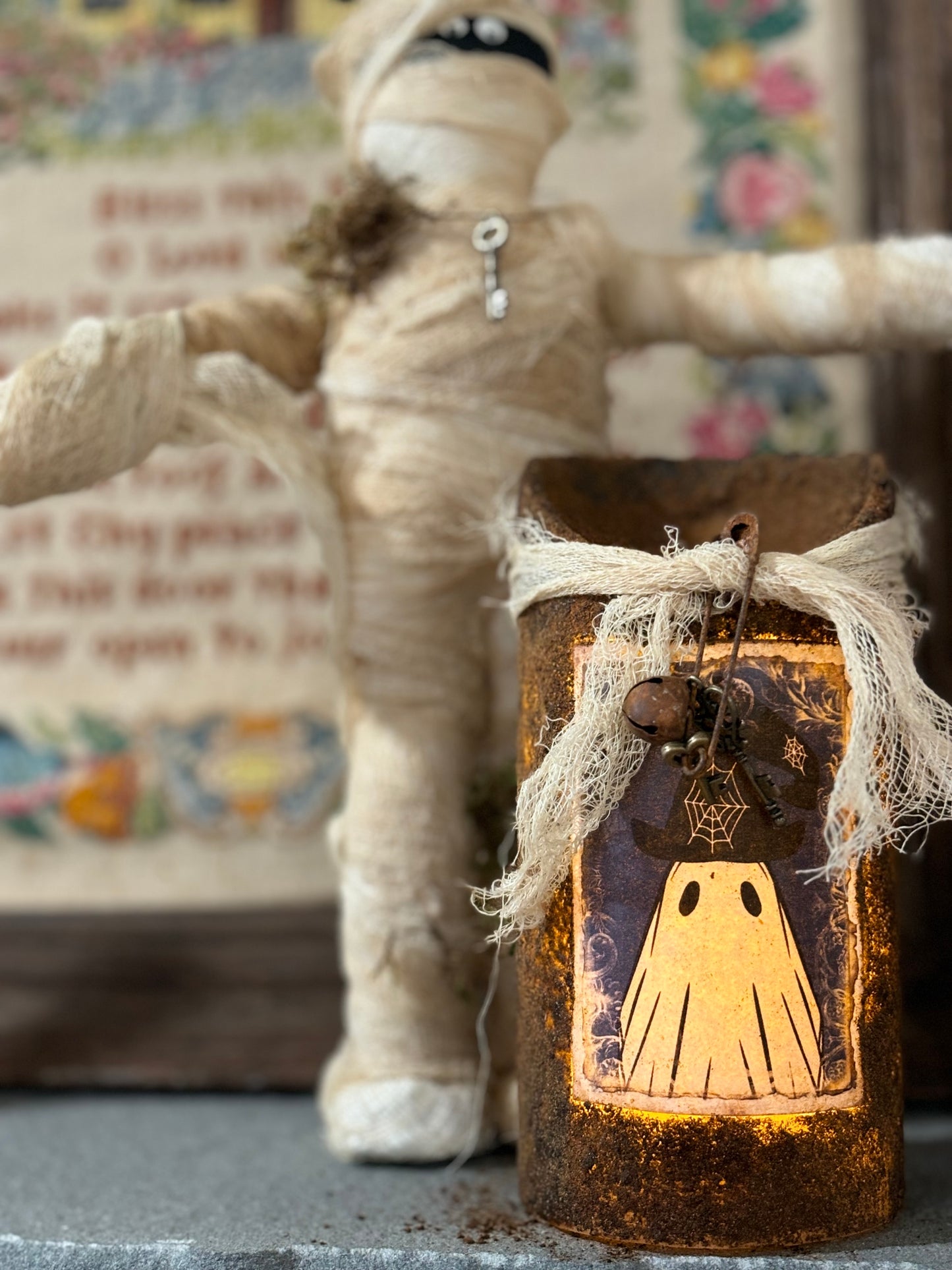 Primitive Halloween Grubby Pillar Candle, Battery Operated Primitive Candle, Handmade Grubby Candle, Autumn Decor, Halloween Ghost Decor