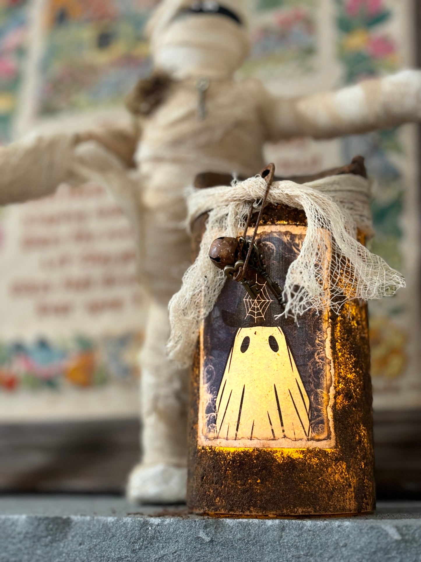 Primitive Halloween Grubby Pillar Candle, Battery Operated Primitive Candle, Handmade Grubby Candle, Autumn Decor, Halloween Ghost Decor