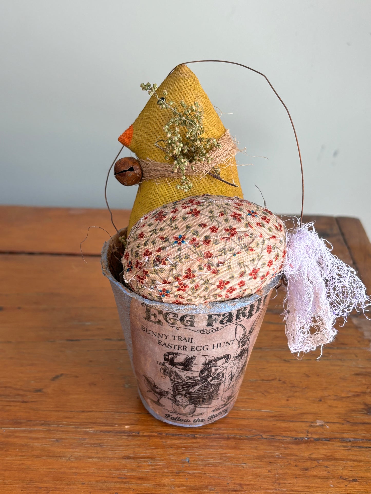 Primitive Easter Spring Bunny Egg, Primitive Handmade Easter Egg, Primitive Spring Chick and Peat Pot Display