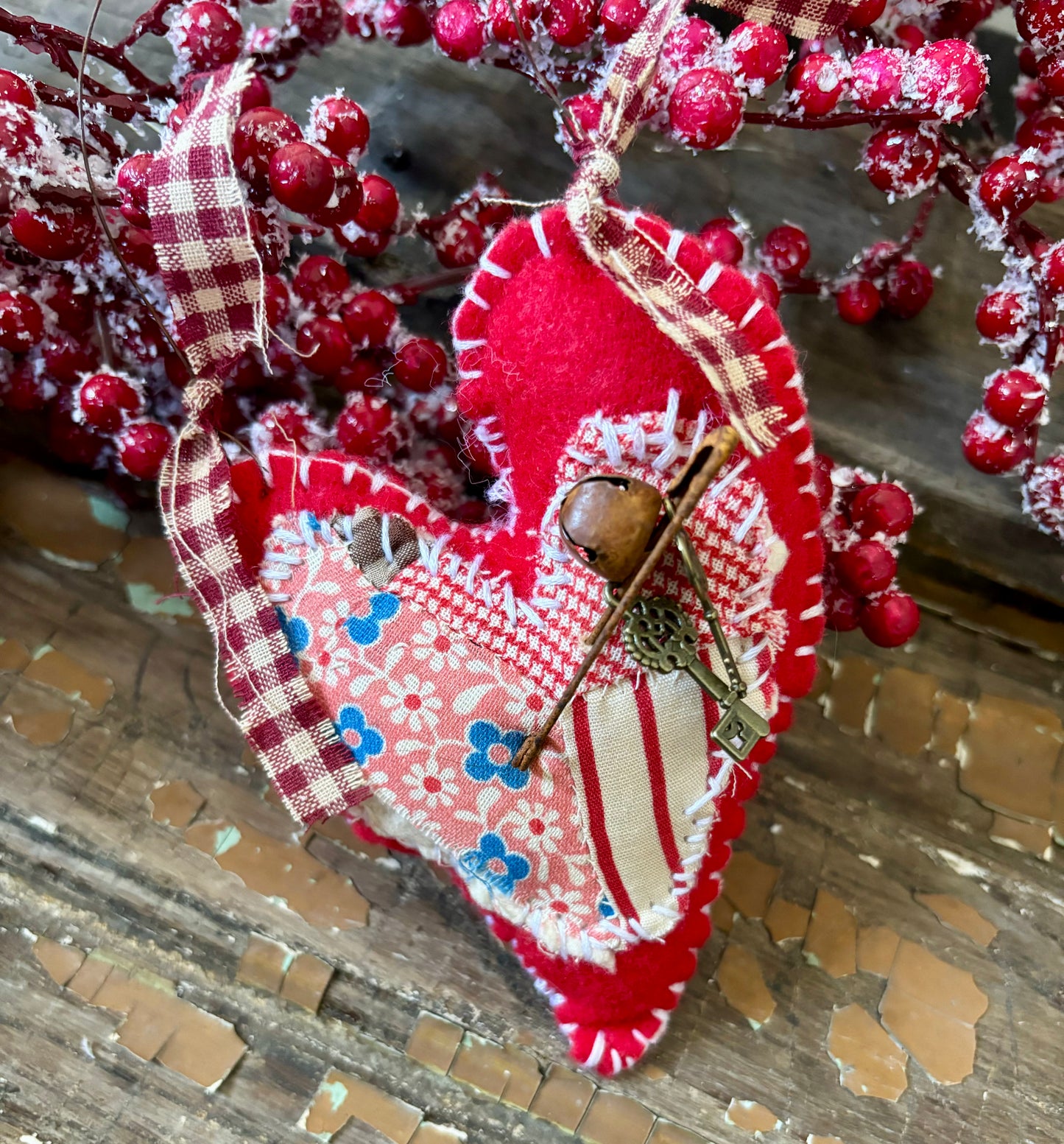 Primitive Valentines Day Heart, Antique Feed Sack Fabric Heart, Heart Ornie, Hanging Heart Ornament, Primitive Farmhouse, Quilted Heart