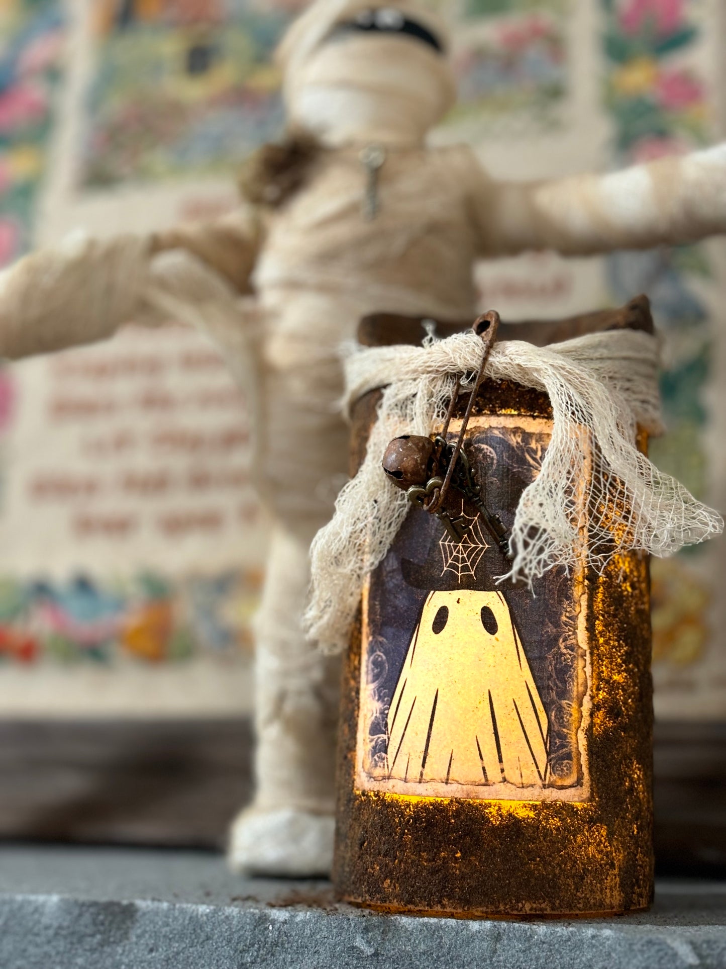 Primitive Halloween Grubby Pillar Candle, Battery Operated Primitive Candle, Handmade Grubby Candle, Autumn Decor, Halloween Ghost Decor