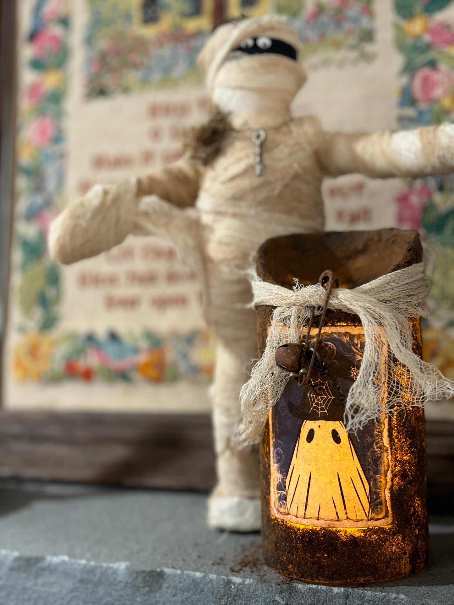 Primitive Halloween Grubby Pillar Candle, Battery Operated Primitive Candle, Handmade Grubby Candle, Autumn Decor, Halloween Ghost Decor