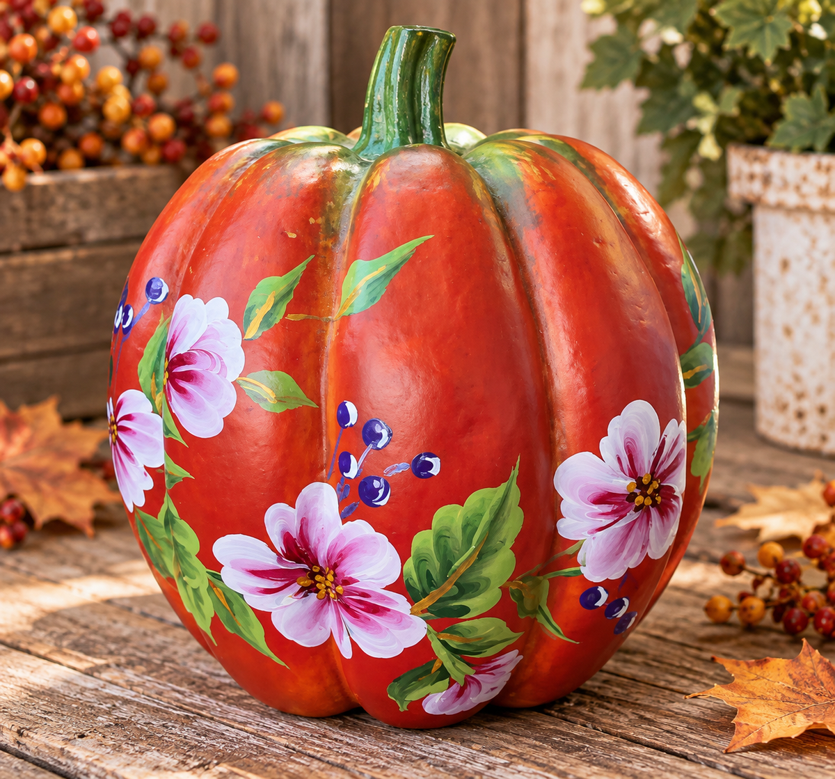 Hand Painted Floral Pumpkin Fall Decor Red Orange Folk Art Autumn Decoration
