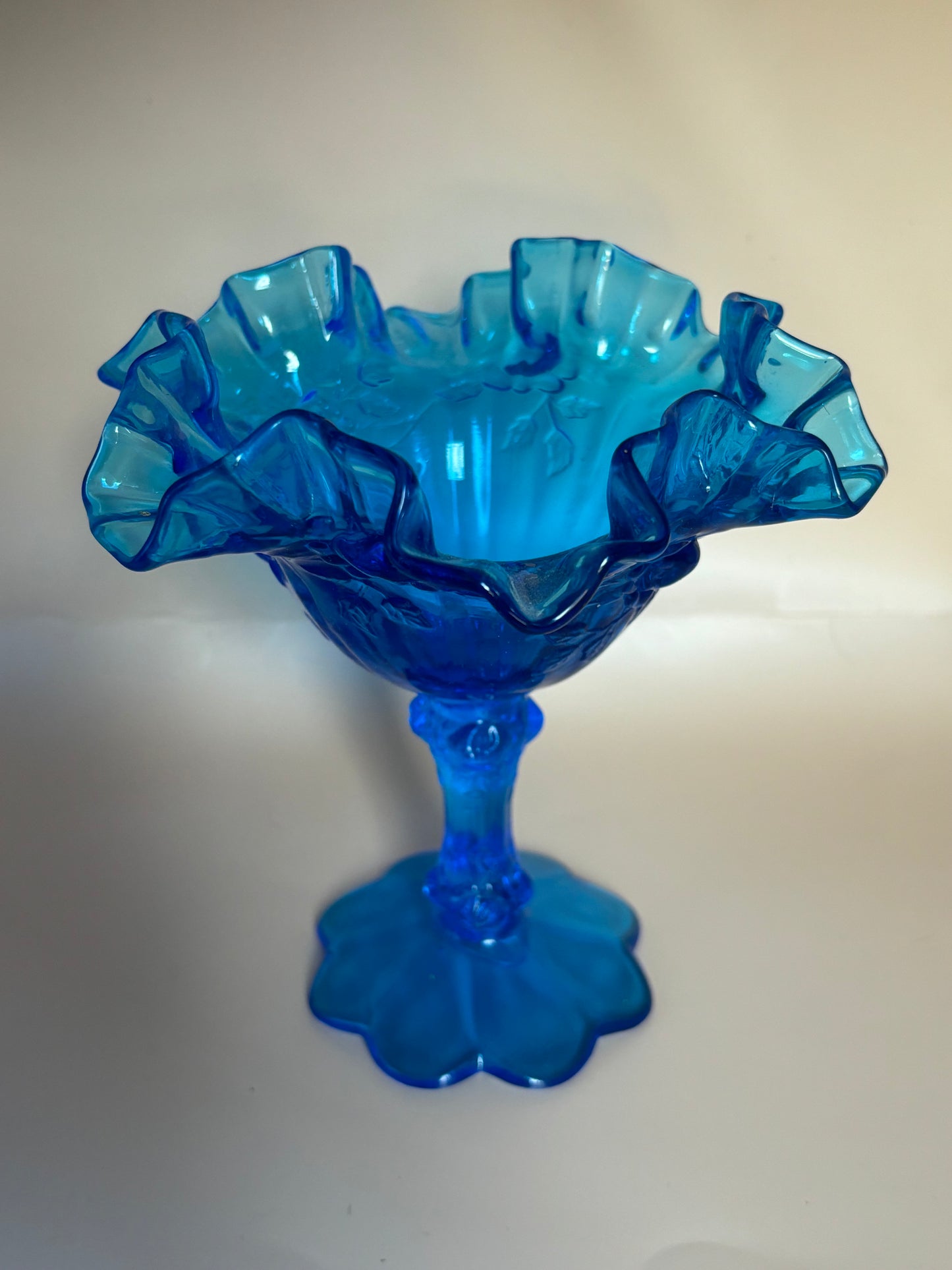 Vintage Fenton Electric Blue Ruffled Candy Dish Raised Compote 1968 raised roses & ruffled top