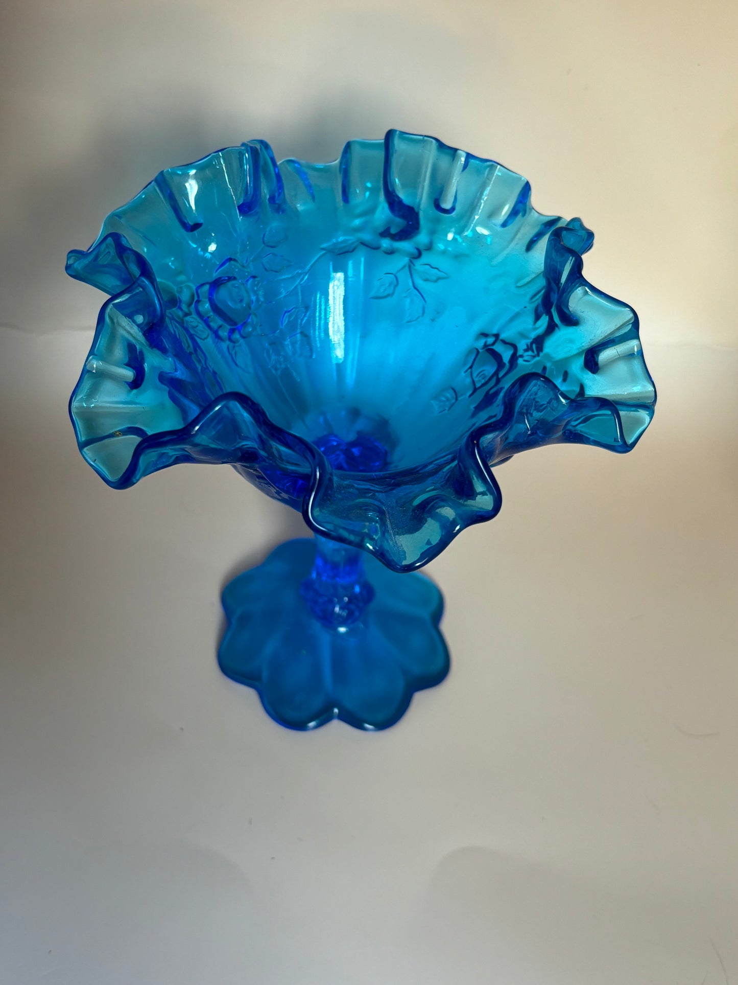 Vintage Fenton Electric Blue Ruffled Candy Dish Raised Compote 1968 raised roses & ruffled top