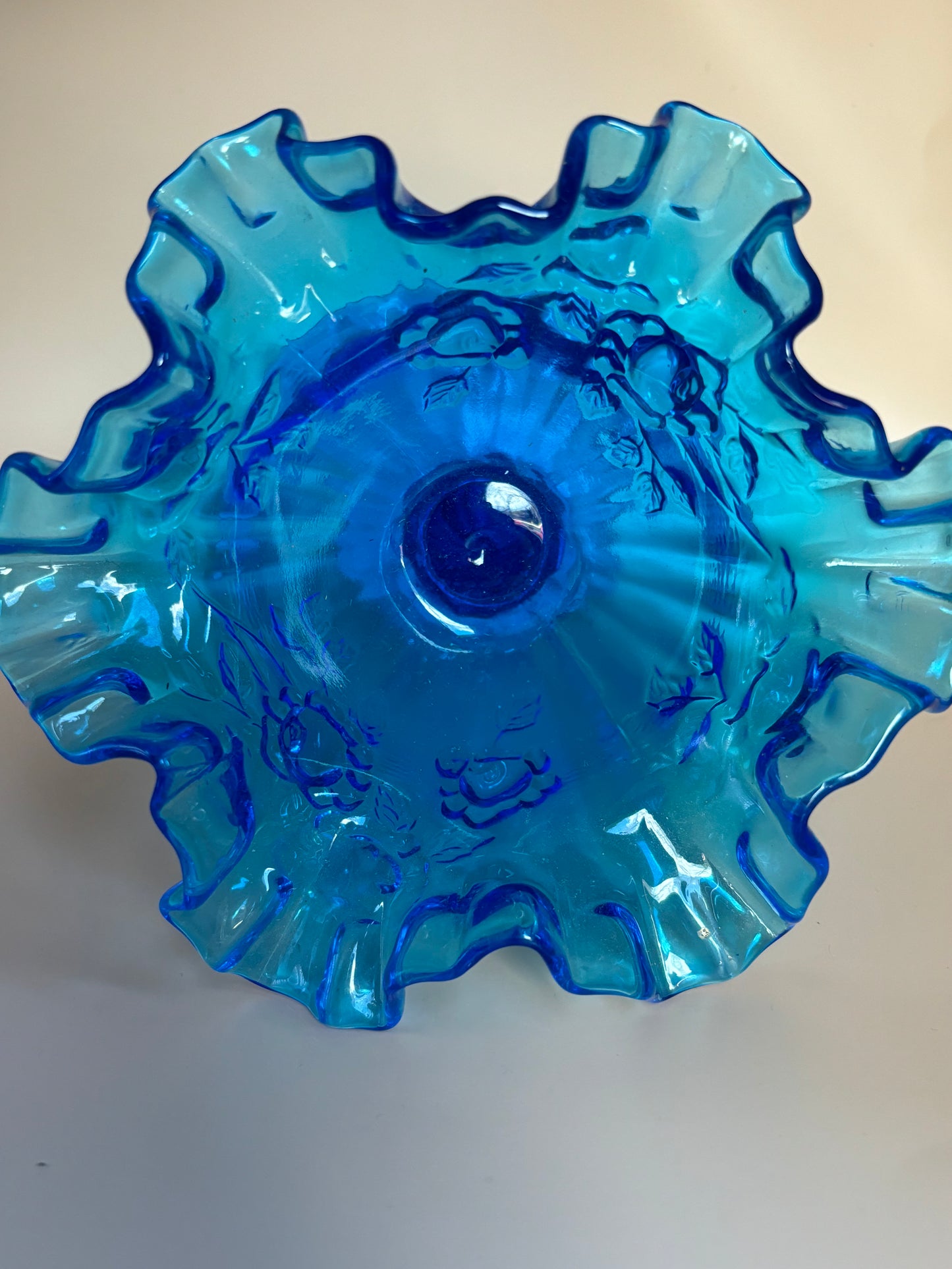 Vintage Fenton Electric Blue Ruffled Candy Dish Raised Compote 1968 raised roses & ruffled top