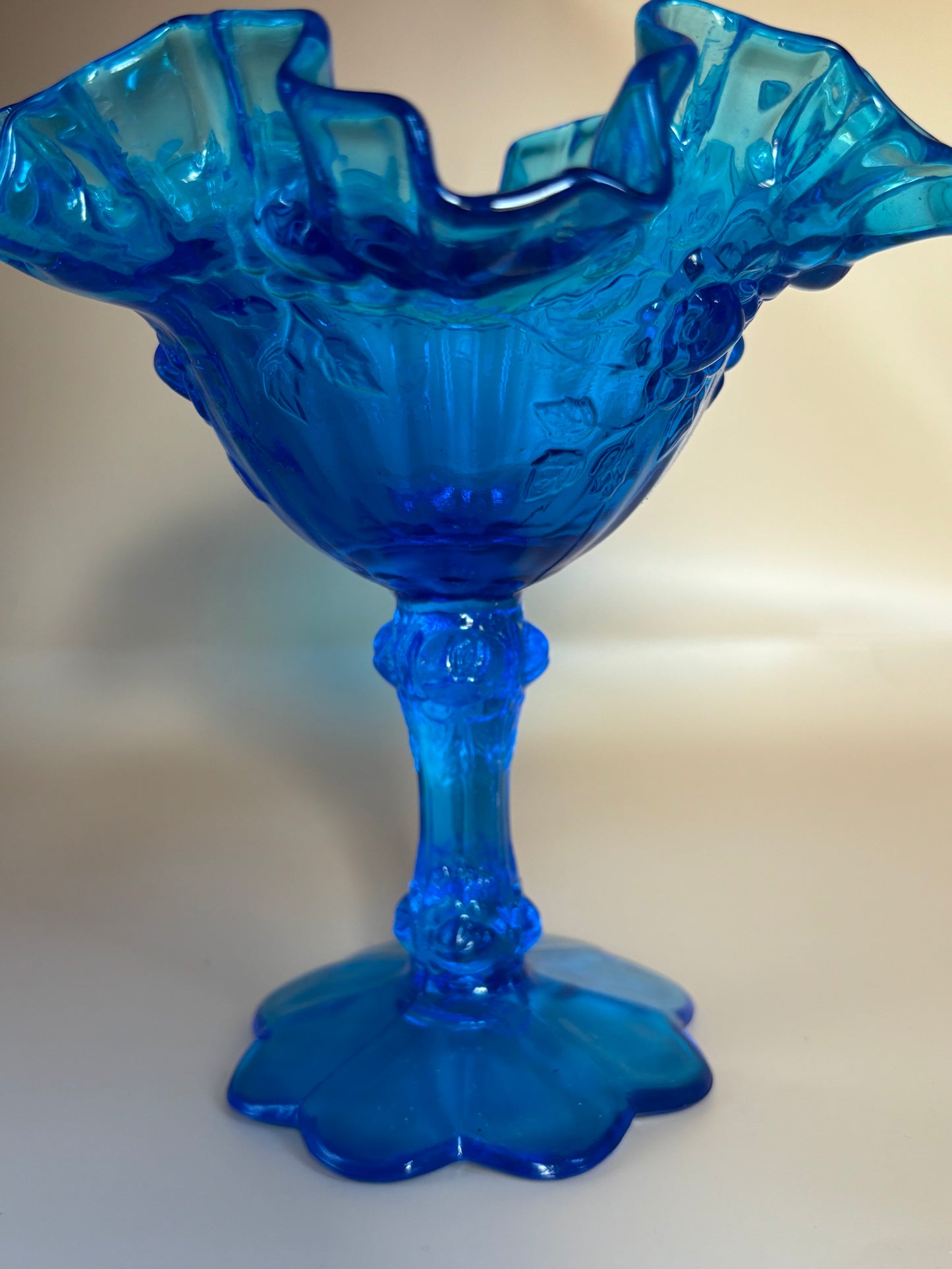 Vintage Fenton Electric Blue Ruffled Candy Dish Raised Compote 1968 raised roses & ruffled top