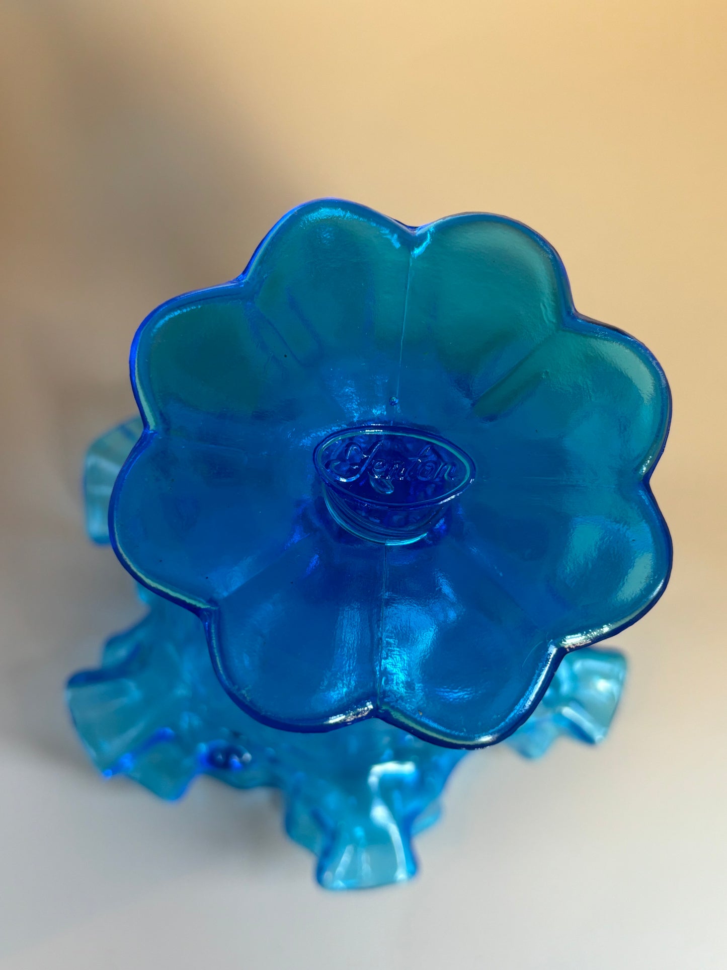Vintage Fenton Electric Blue Ruffled Candy Dish Raised Compote 1968 raised roses & ruffled top