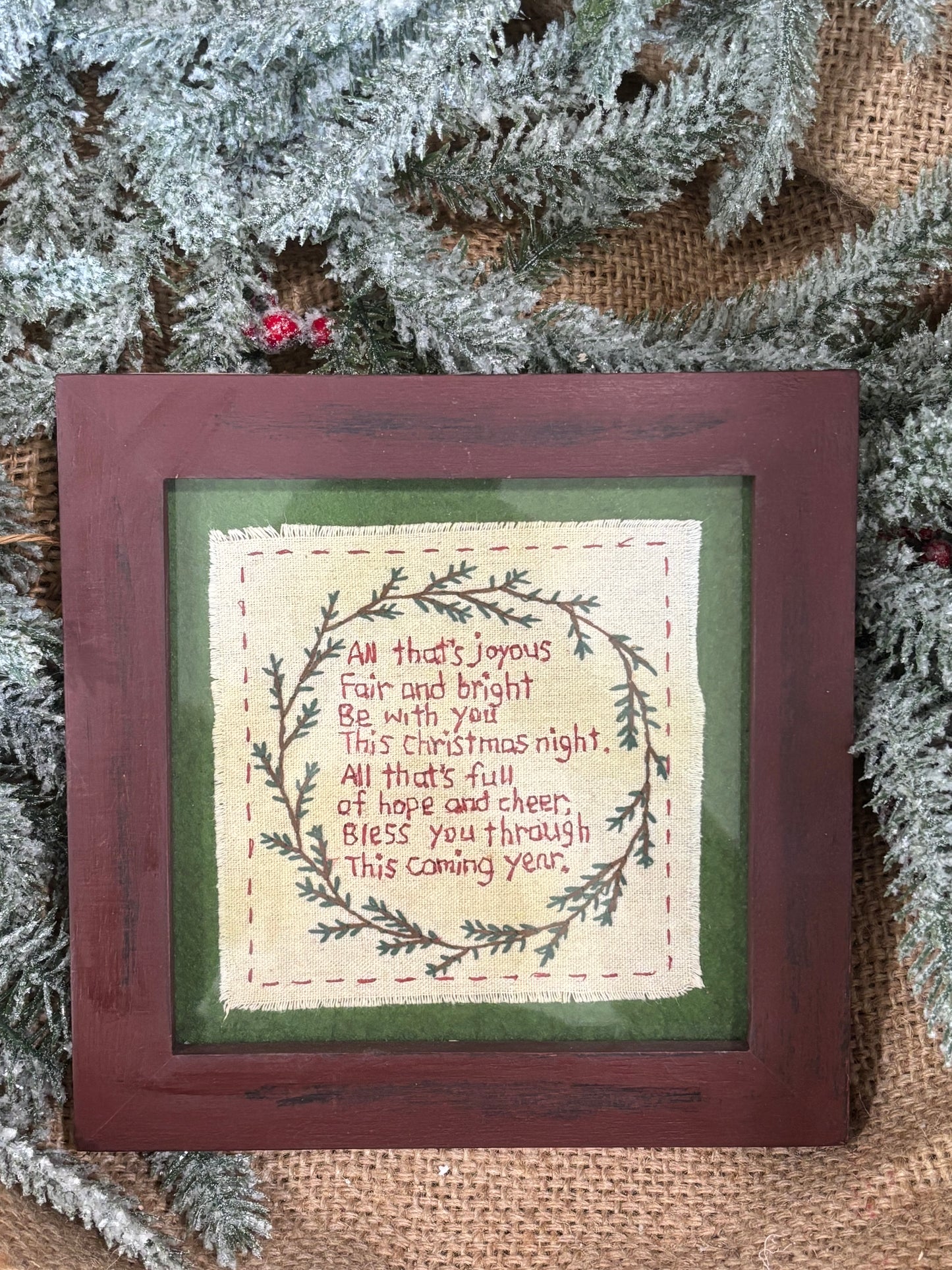 Hand stitched Christmas Embroidered frame wall decor, Primitive Christmas Embroidery Poem