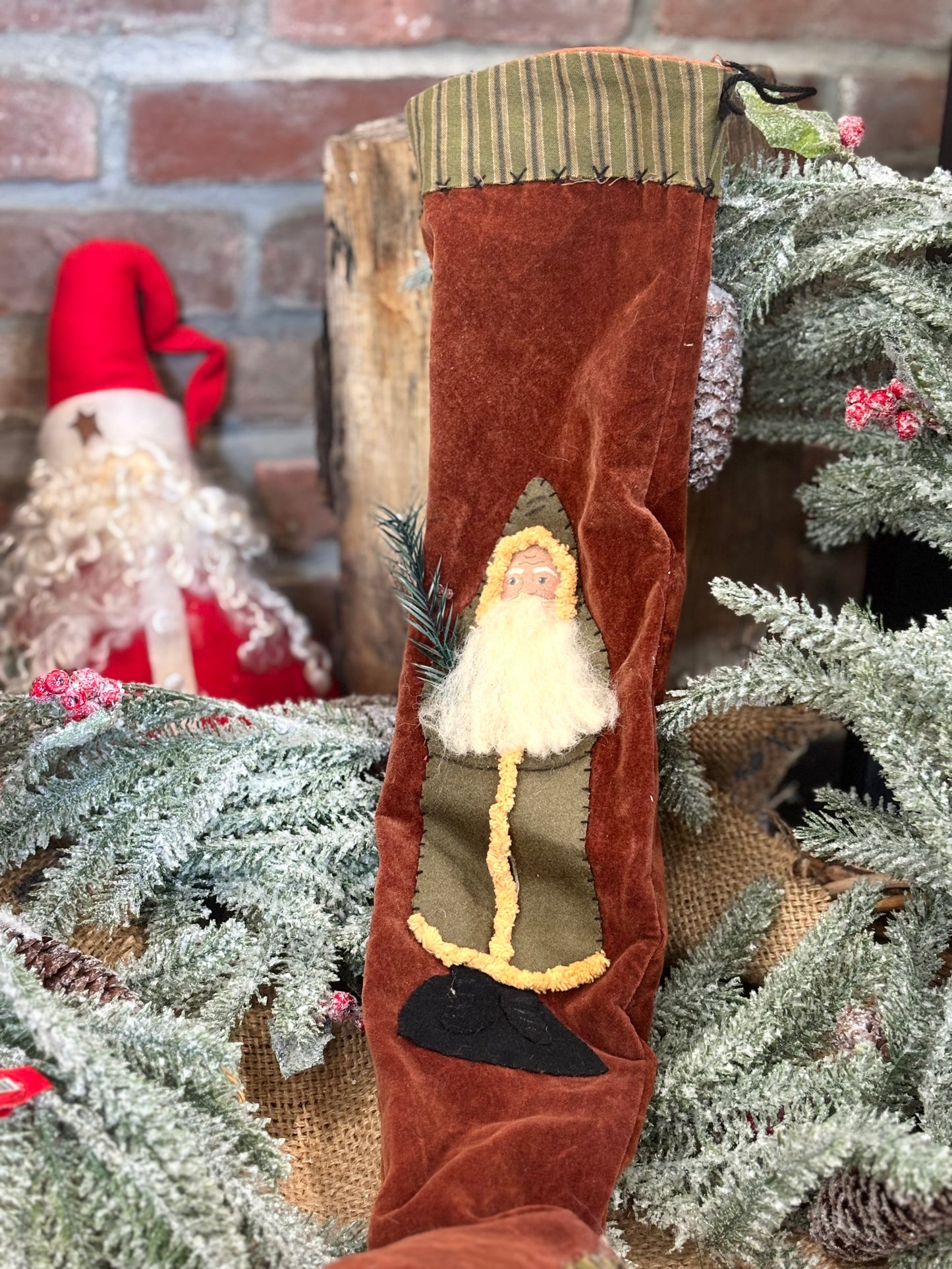 Handmade Primitive Christmas Stocking: Rustic Farmhouse Holiday Decor