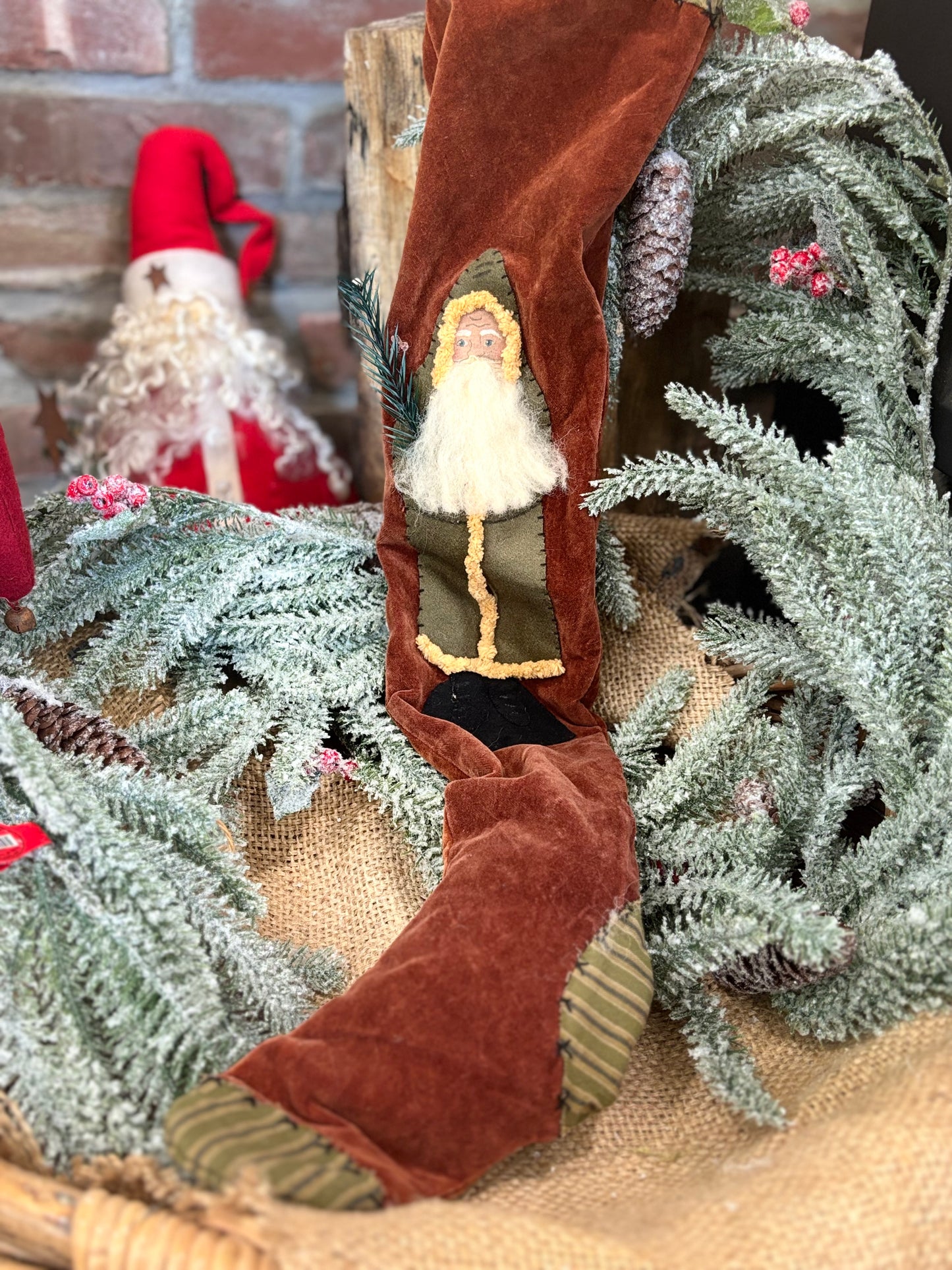 Handmade Primitive Christmas Stocking: Rustic Farmhouse Holiday Decor