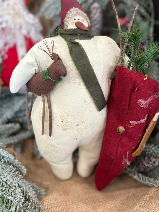 Handmade Primitive Snowman Doll: Rustic Farmhouse Christmas Decor