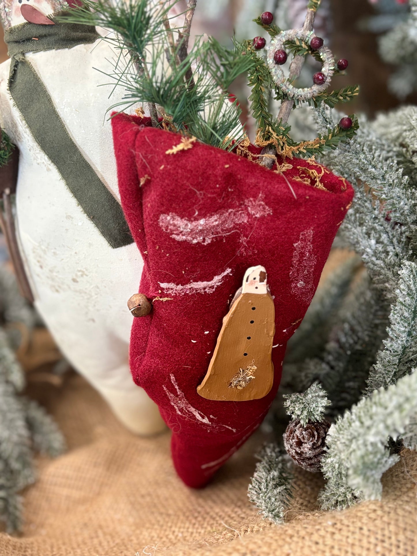 Handmade Primitive Snowman Doll: Rustic Farmhouse Christmas Decor