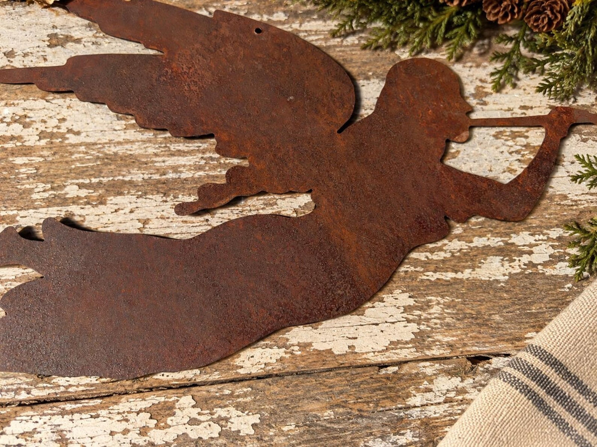 Rustic Metal Trumpet Angel – Primitive Farmhouse Decor Christmas Angel Hanging