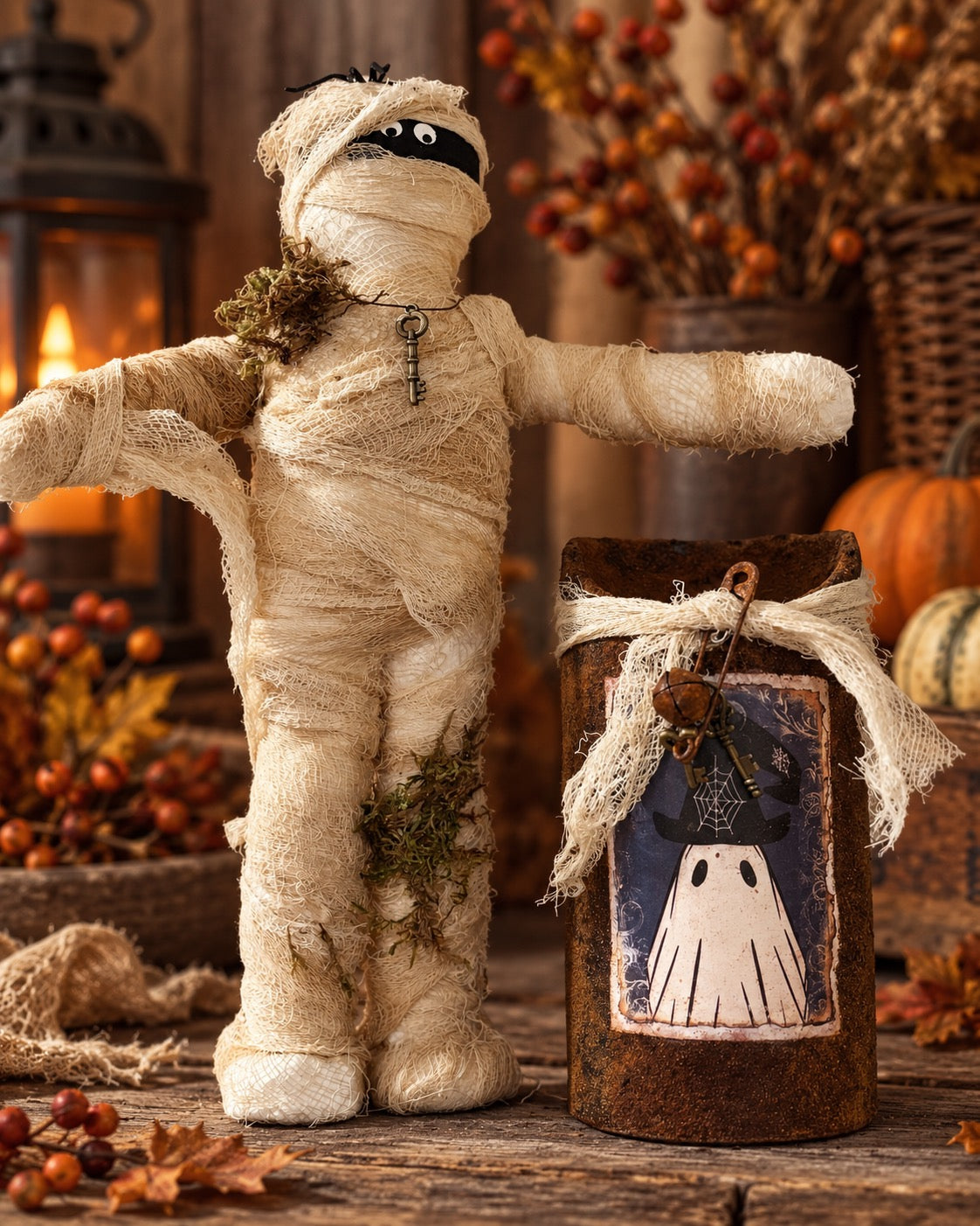 Primitive Halloween Grubby Pillar Candle, Battery Operated Primitive Candle, Handmade Grubby Candle, Autumn Decor, Halloween Ghost Decor