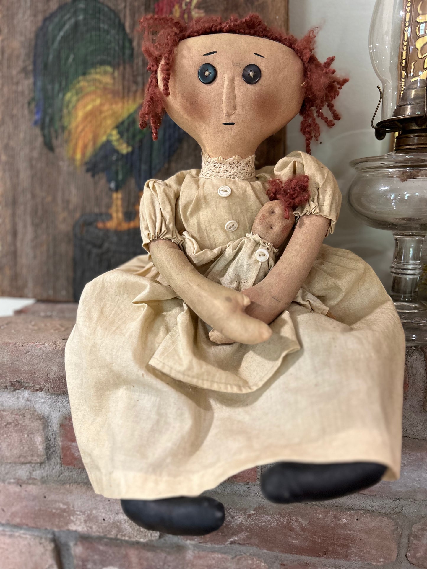 Primitive American Folk Art Victorian Doll with baby, Primitive Folk Art, Handmade Doll