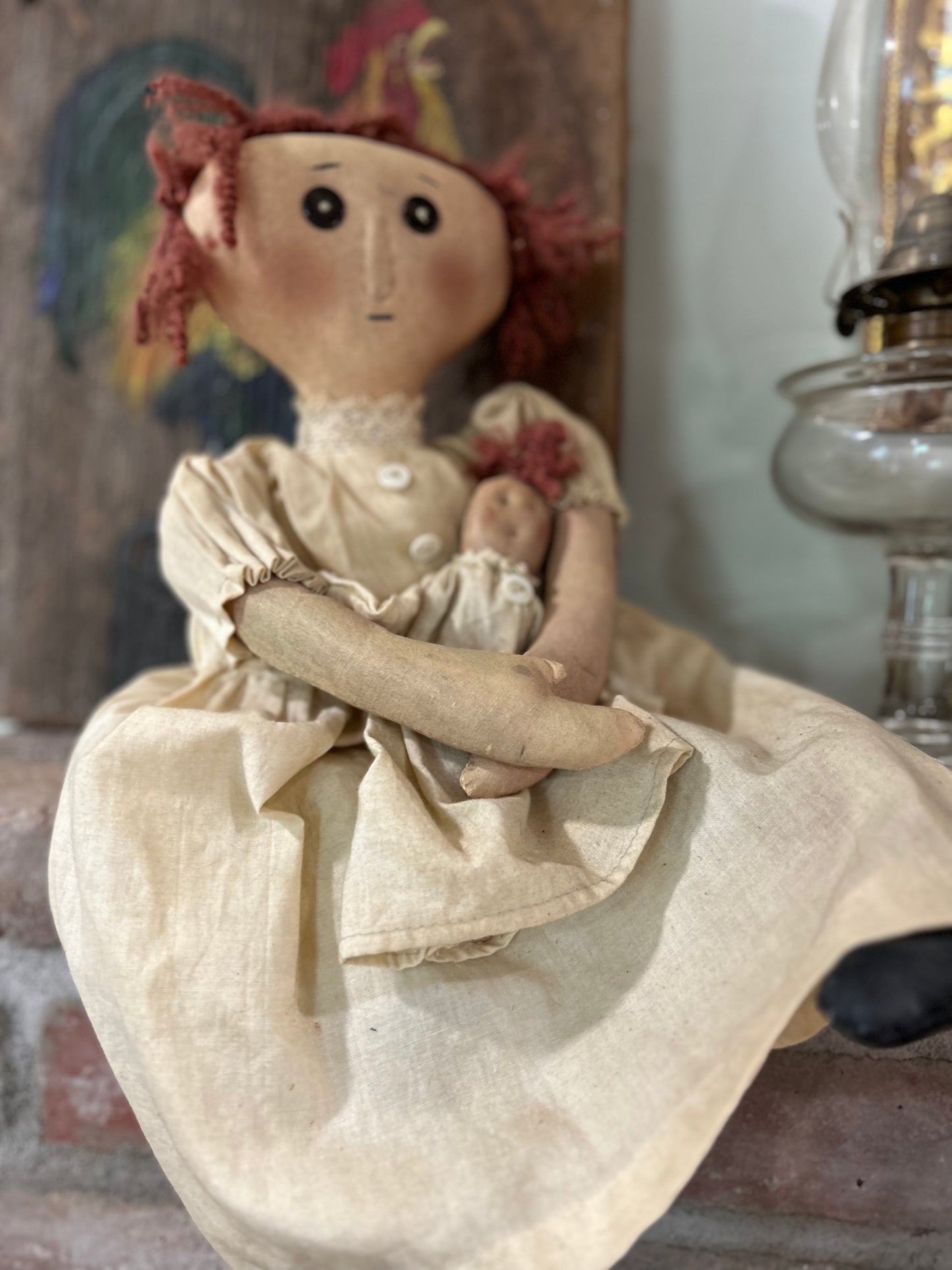 Primitive American Folk Art Victorian Doll with baby, Primitive Folk Art, Handmade Doll