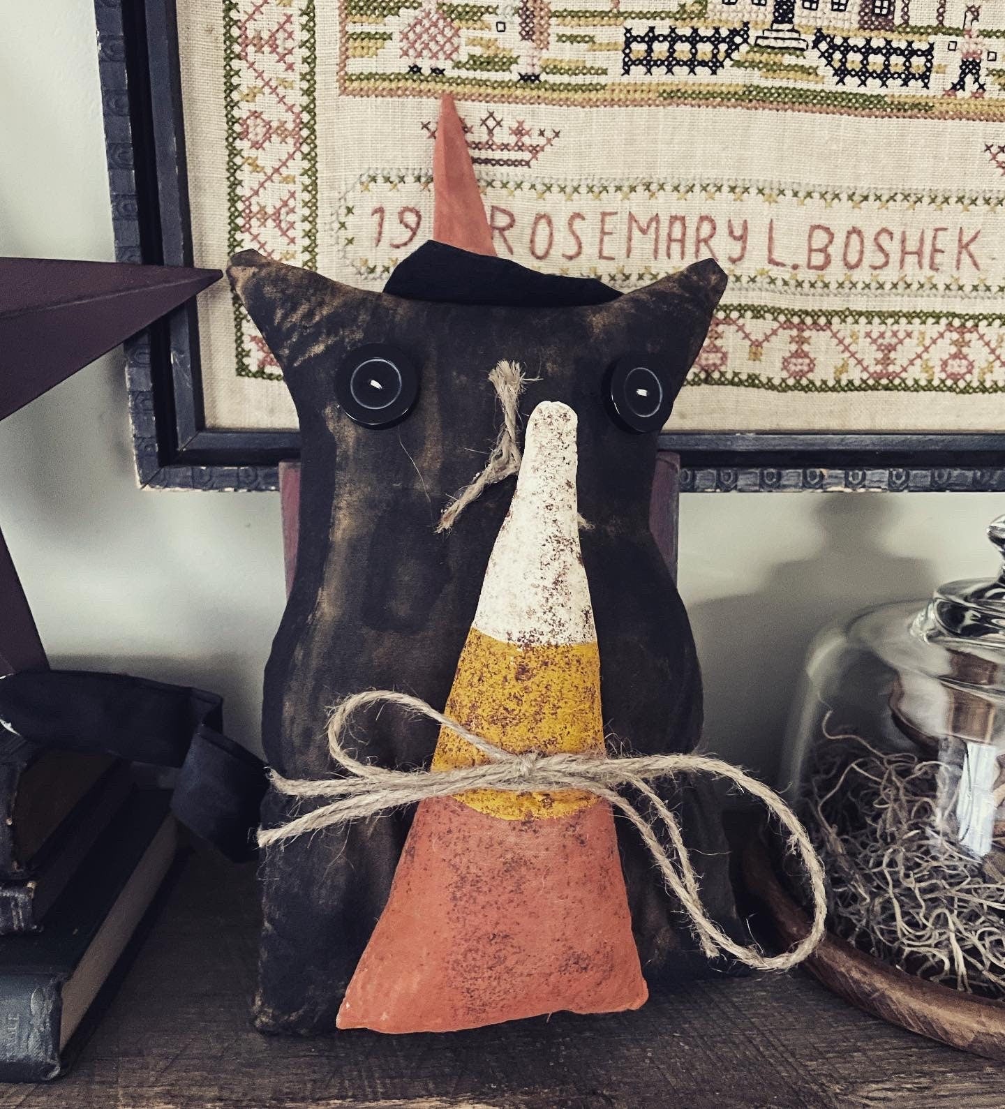 Primitive Halloween witch kitty candy corn doll - primitive decor - Halloween decor - cat - witch