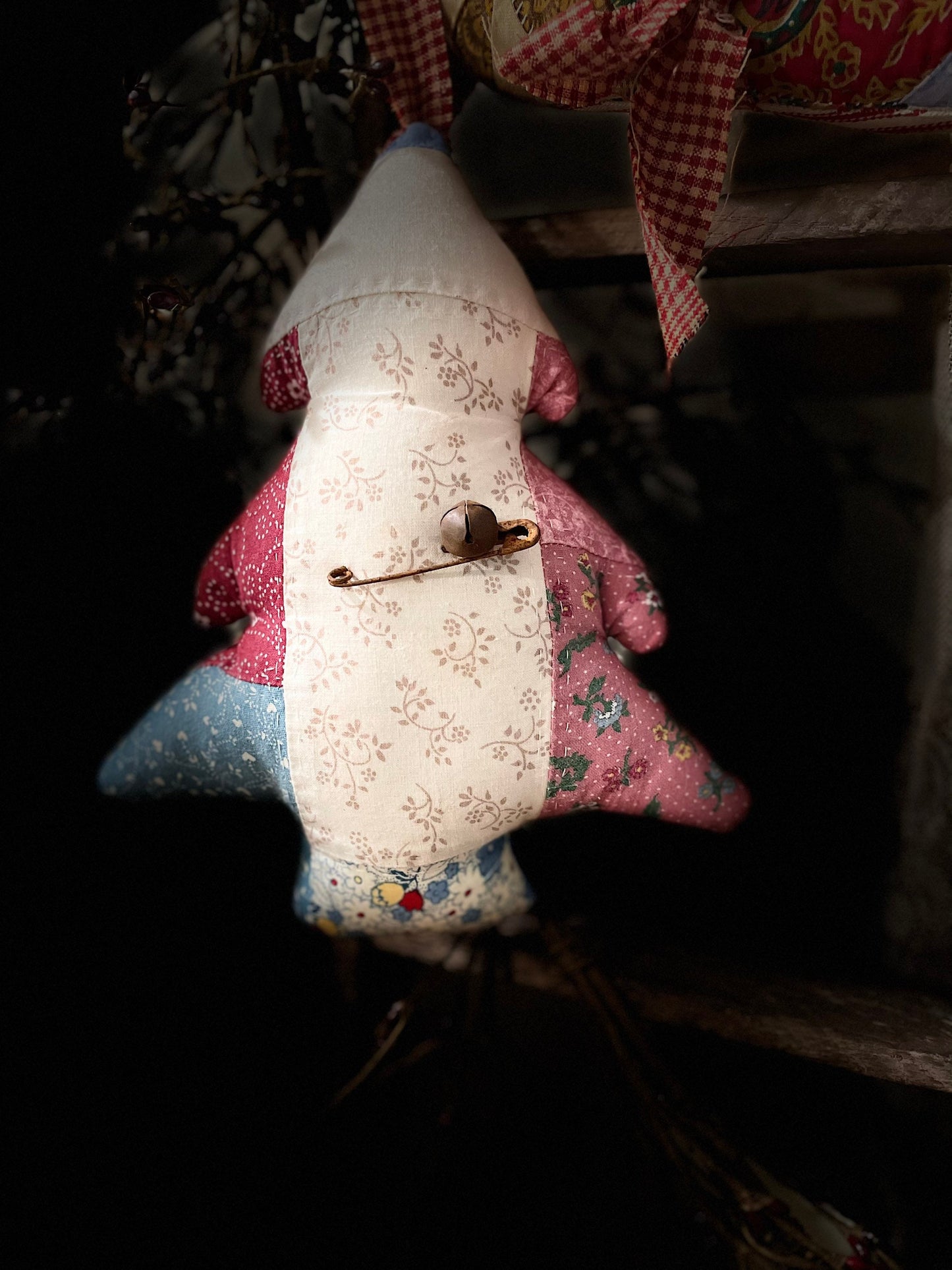 Primitive Vintage Quilted Christmas Tree Ornament, Handmade Ornaments, Handmade Quilted Decor, Primitive Christmas Hanging Ornament