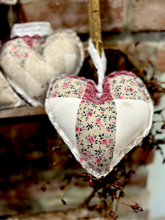 TWO Antique farmhouse quilt hearts vintage wool blanket / Valentines Day, Peg Rail Hanging Hearts, Valentines Day