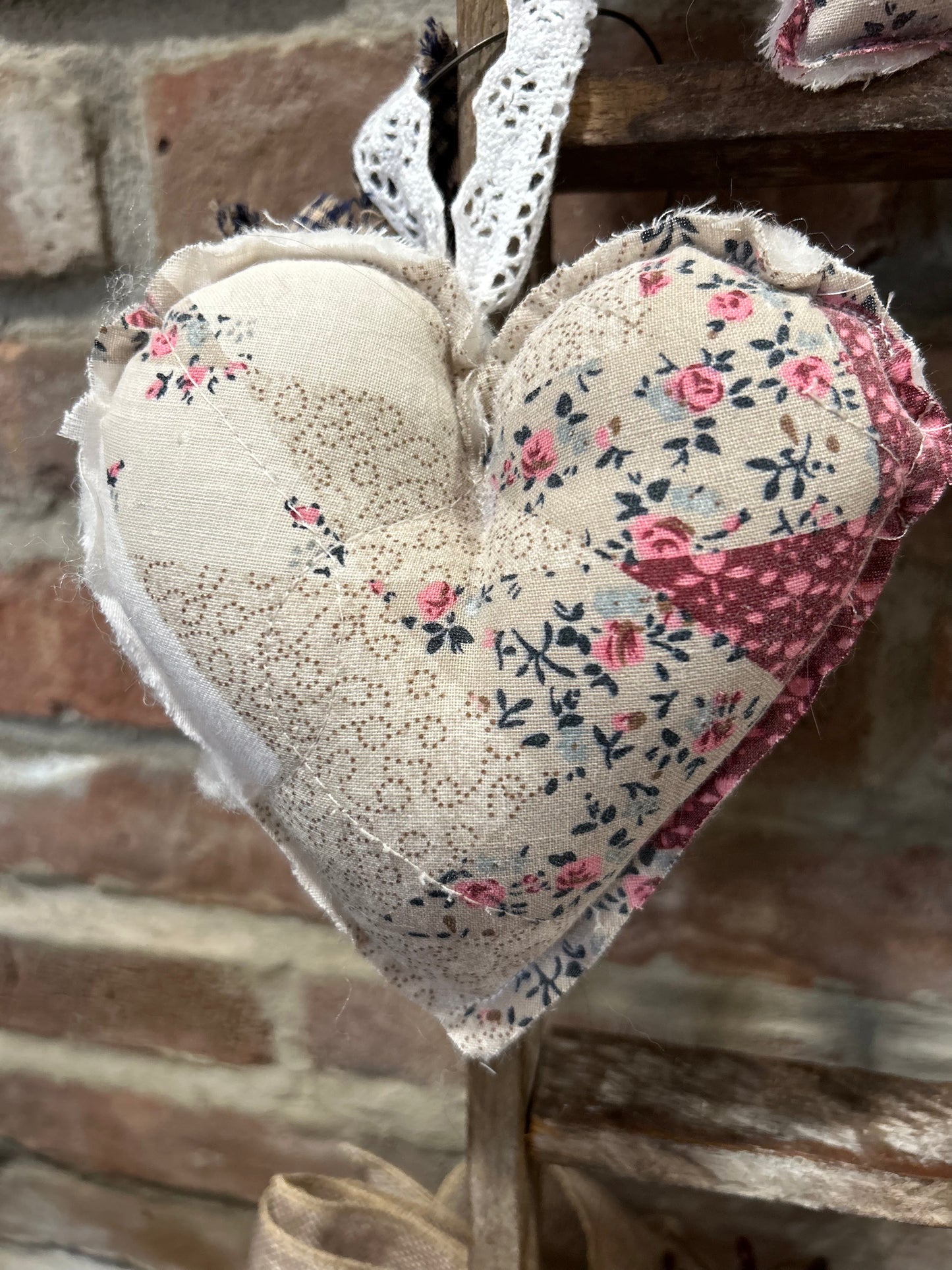 TWO Antique farmhouse quilt hearts vintage wool blanket / Valentines Day, Peg Rail Hanging Hearts, Valentines Day