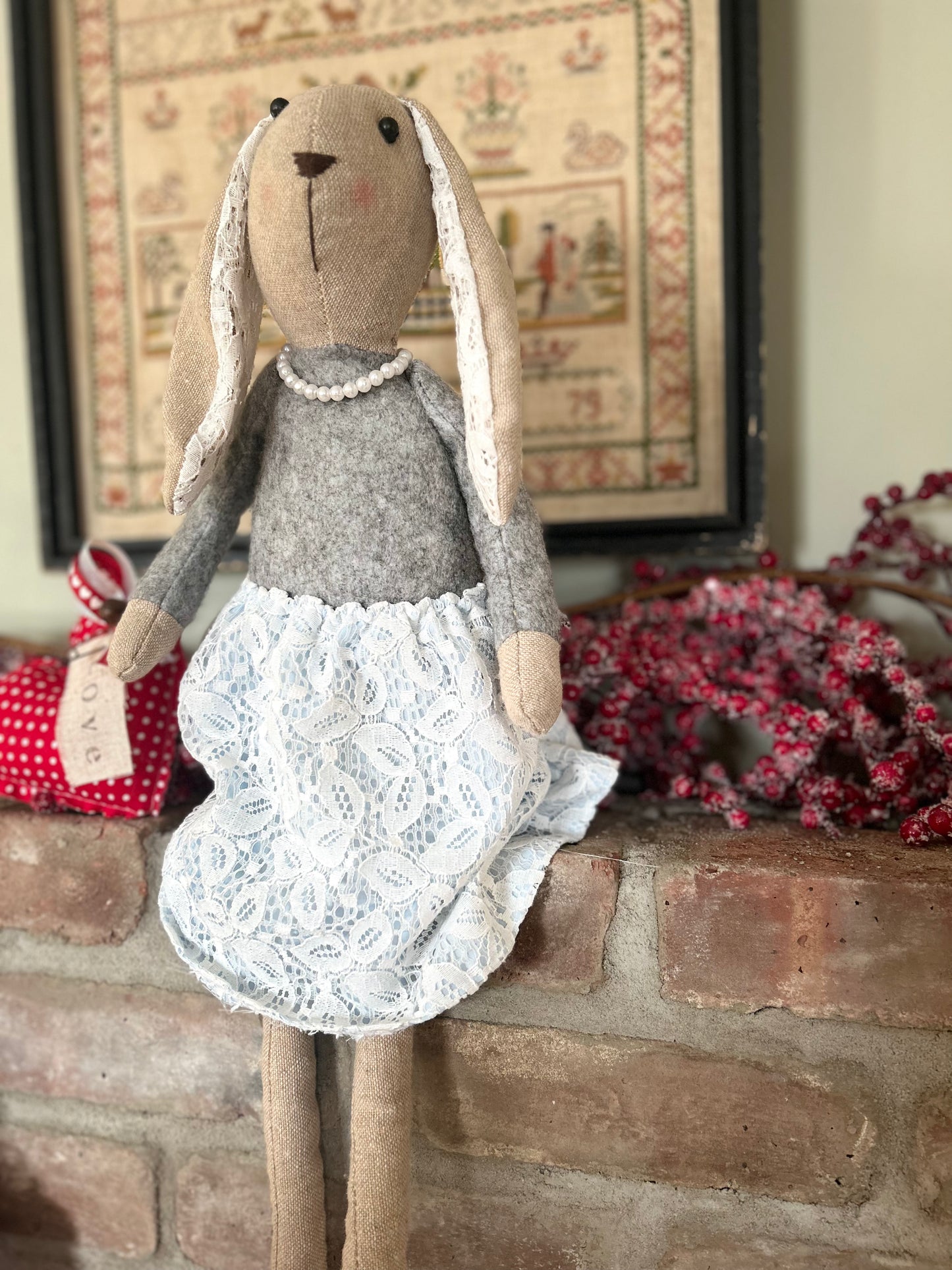 Farmhouse Linen Easter Bunny, Dressed Bunny Doll, Lace Pearls