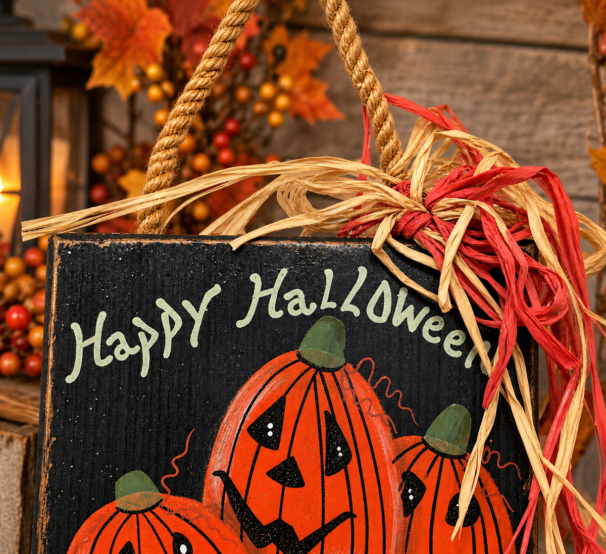 Primitive Halloween Pumpkin Wood Sign Hand Painted Jack O Lantern Rustic Fall Door Hanger Farmhouse Decor