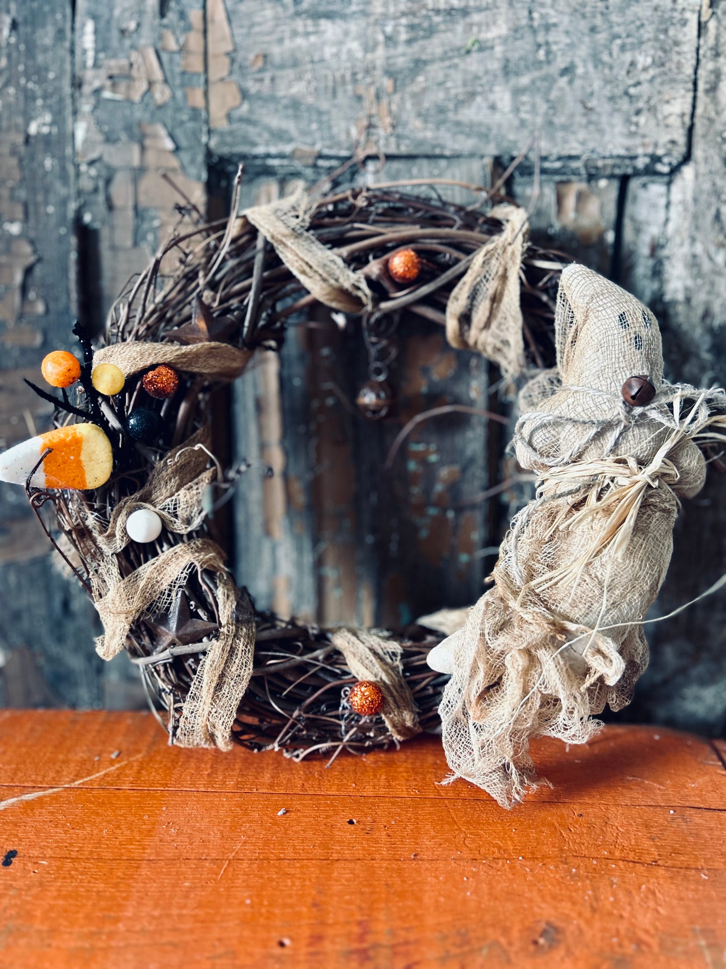 Primitive Rustic Halloween Wreath, Farmhouse Fall Wreath, Rustic Spooky Ghost Wreath, Fall Decor, Halloween Decor