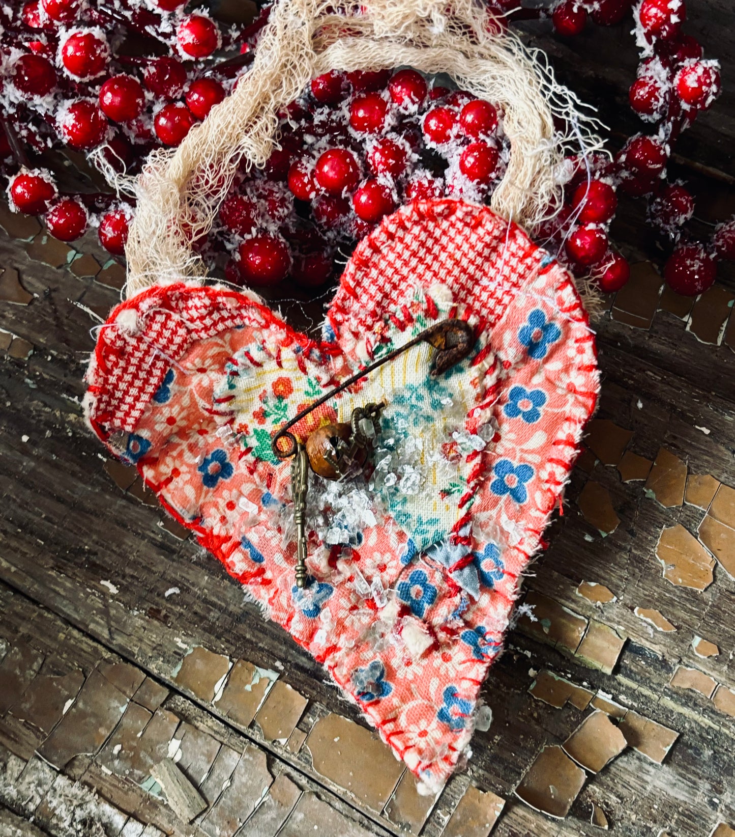 Primitive Valentines Day Heart, Antique Feed Sack Fabric Heart, Heart Ornie, Hanging Heart Ornament, Primitive Farmhouse, Quilted Heart