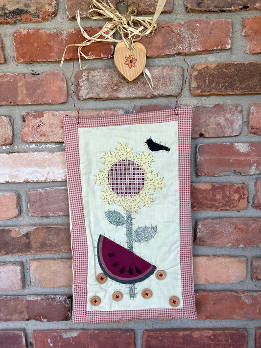 Primitive Summer Quilt Hanging Tapastry, Quilted Wall Decor, Crow and Watermelon, Quilted Hanging Decor