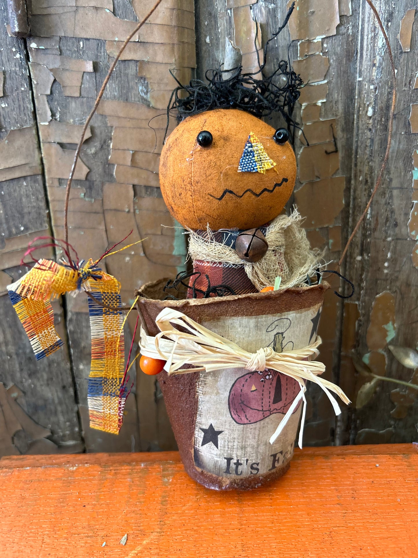 Primitive Pumpkin Patch Scarecrow Doll, Primitive Pumpkin Decor, Grubby Bucket Pumpkin Man, Fall and Autumn Decor, Folk Art