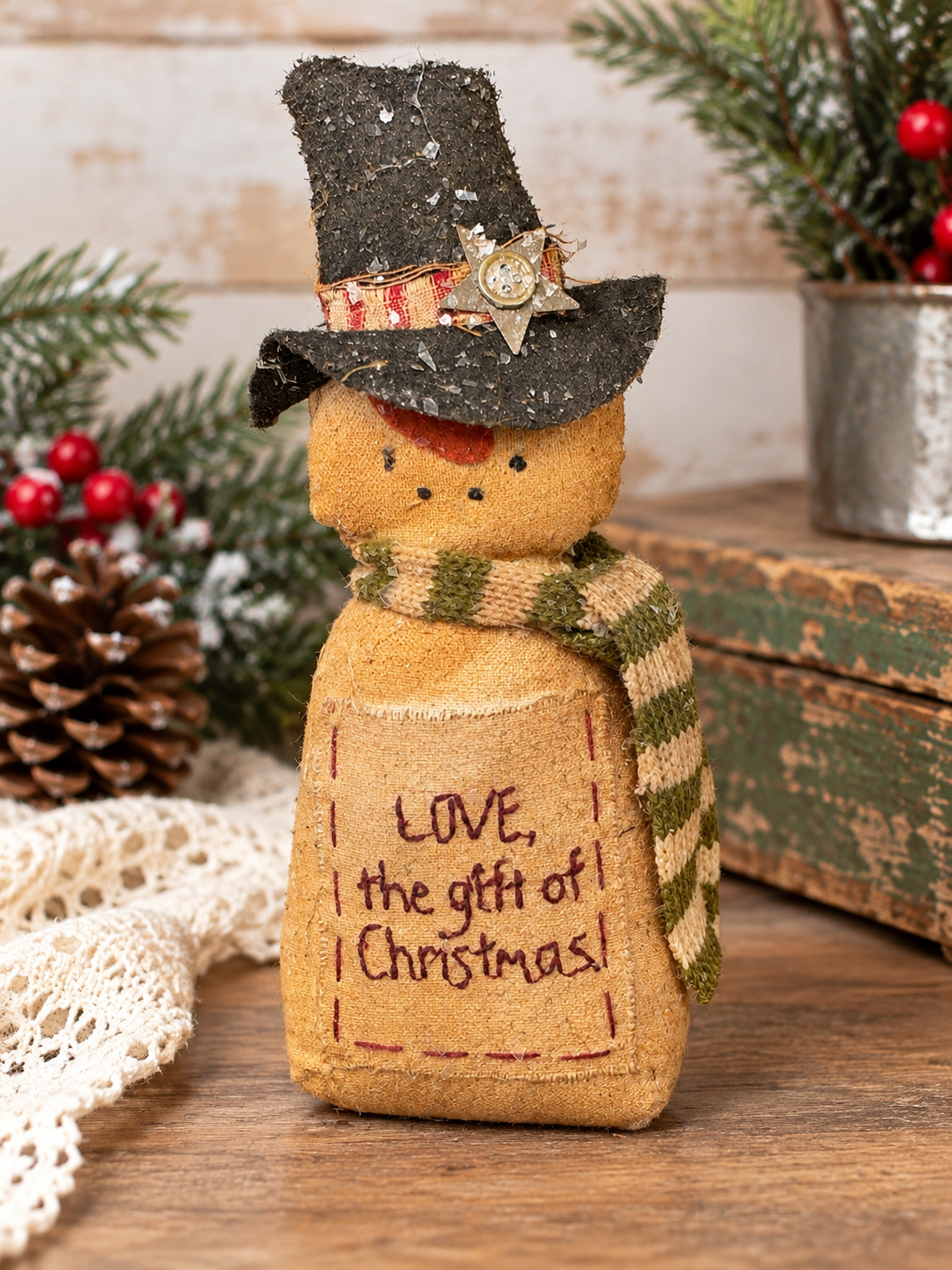 Primitive Snowman Christmas Decor, Rustic Farmhouse Snowman Shelf Sitter, Love the Gift of Christmas, Country Holiday Decoration