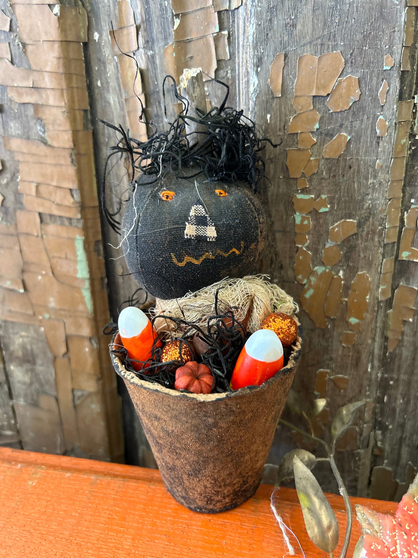 Primitive Pumpkin Patch black Scarecrow Doll, Primitive Pumpkin Decor, Grubby Bucket Pumpkin Man, Fall and Autumn Decor, Folk Art