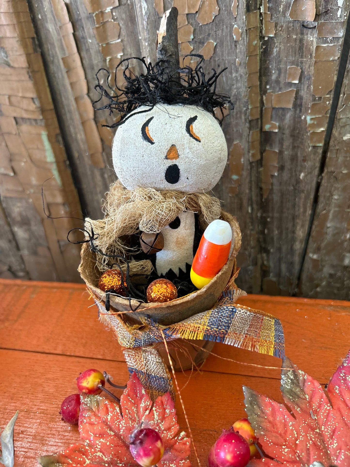 Primitive Pumpkin Patch Ghost Doll, Primitive Pumpkin Decor, Grubby Bucket Pumpkin Man, Fall and Autumn Decor, Folk Art