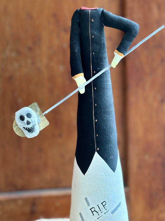 Folk Art Halloween Reaper Skeleton, Handcrafted Primitive Halloween Decoration