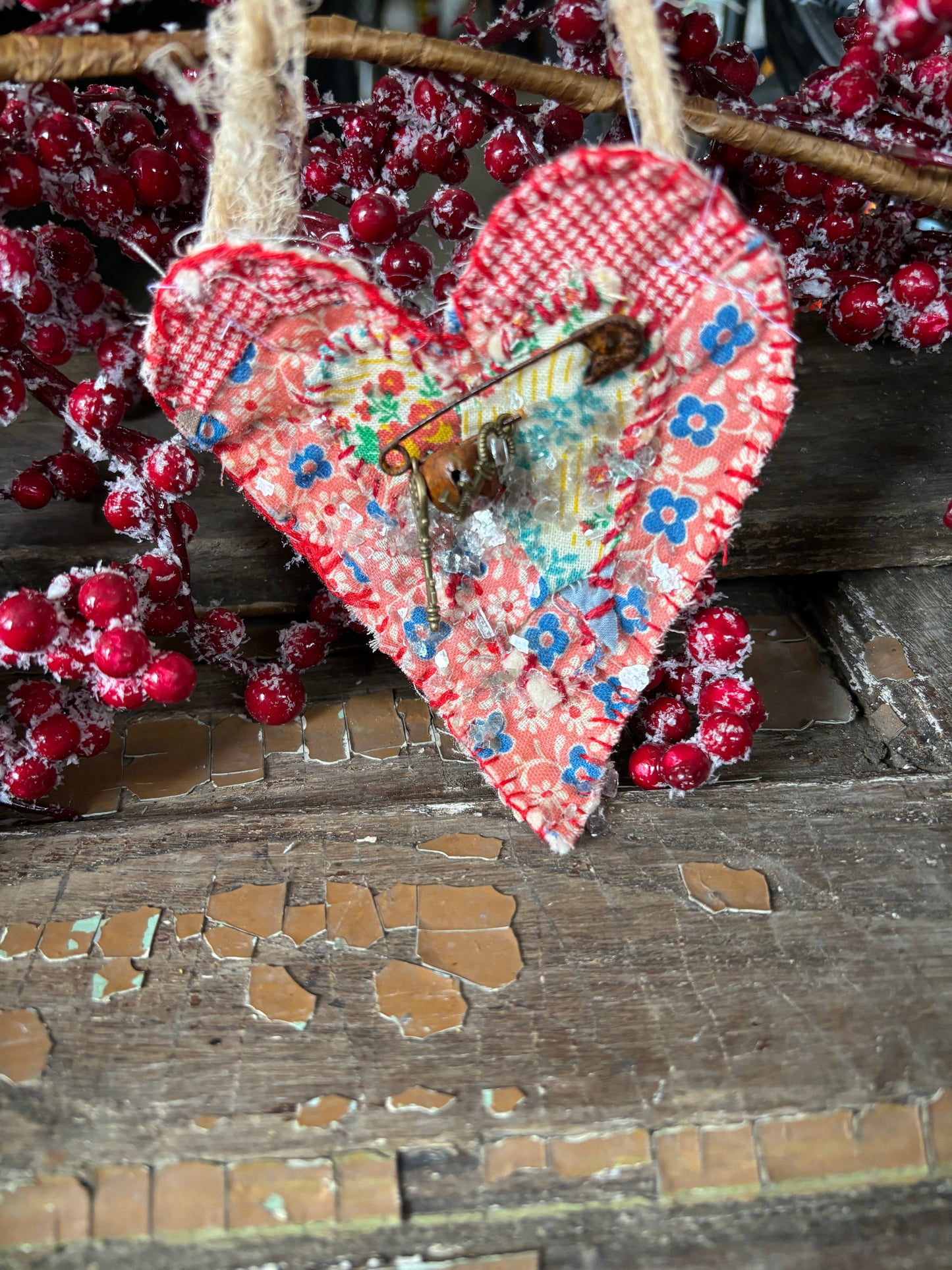 Primitive Valentines Day Heart, Antique Feed Sack Fabric Heart, Heart Ornie, Hanging Heart Ornament, Primitive Farmhouse, Quilted Heart