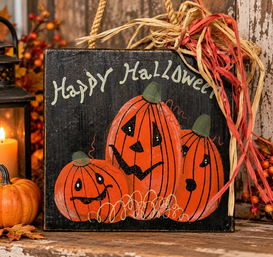 Primitive Halloween Pumpkin Wood Sign Hand Painted Jack O Lantern Rustic Fall Door Hanger Farmhouse Decor