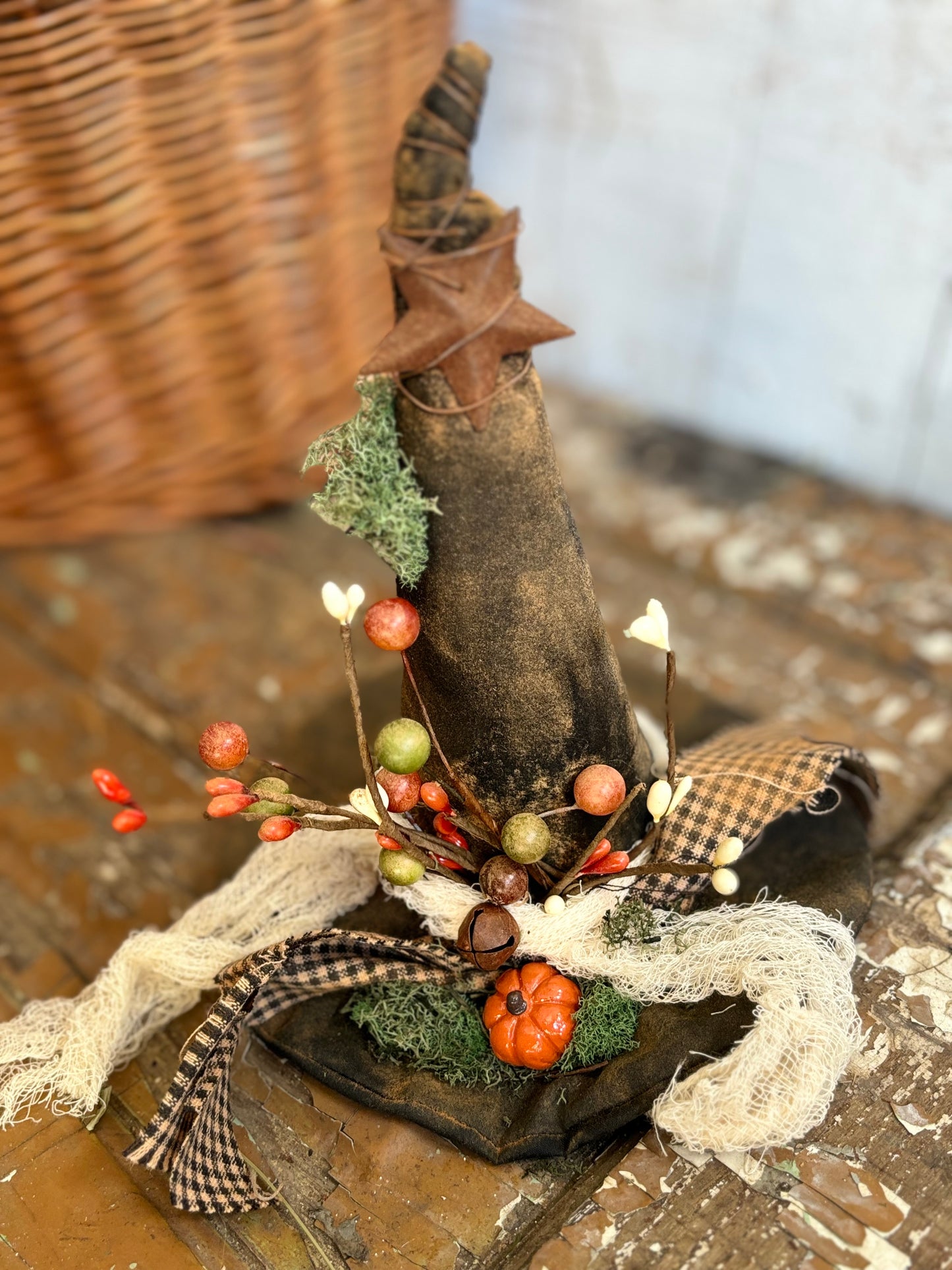 Primitive Witch Hat, Halloween Witch Hat, Primitive Halloween Decor, Black Witch Hat, Fall Autumn Decor, Handmade Fall decor