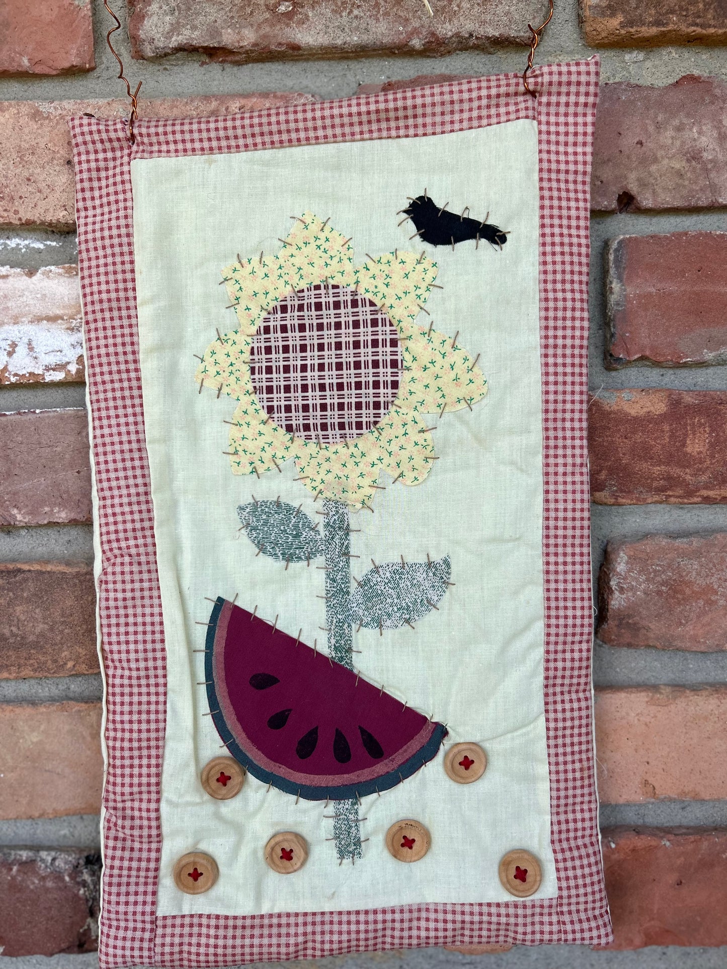 Primitive Summer Quilt Hanging Tapastry, Quilted Wall Decor, Crow and Watermelon, Quilted Hanging Decor