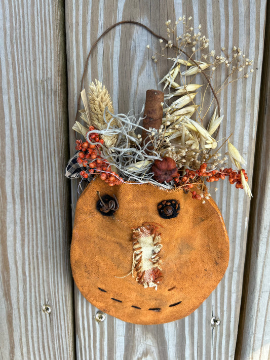 Primitive Pumpkin Ditty Bag ~Autumn Halloween  Wall Hanging, Peg Rail Hanger ~ Fall Autumn Floral Hanging, Jack O Lantern Hanging Wall Decor