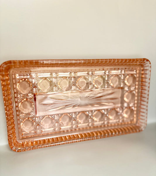 Vintage Windsor Pink plate - Federal Glass Button and Cane pattern- trinket rectangular plate