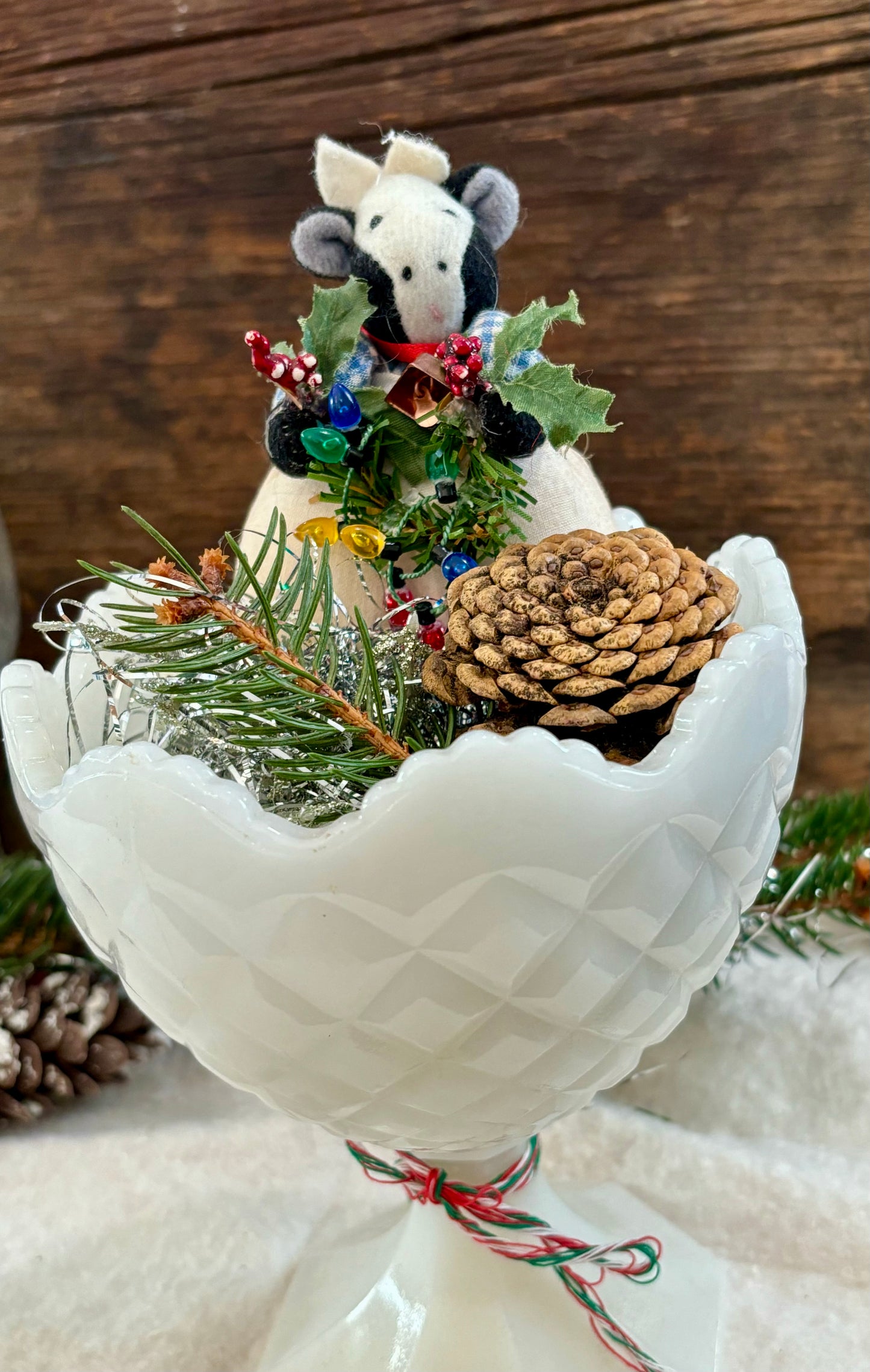 Vintage Christmas Tree Tabletop Arrangement Centerpiece in Milk Glass Vase, Christmas Vignette display, Vintage Christmas Scene Mid Century Christmas, Holiday Gift