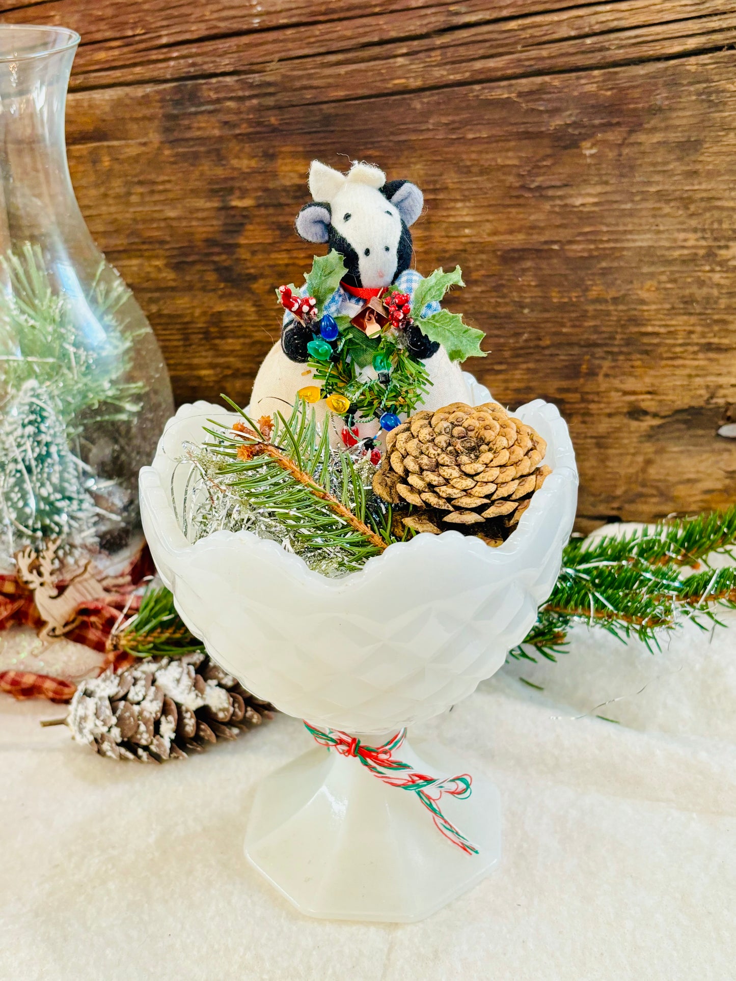 Vintage Christmas Tree Tabletop Arrangement Centerpiece in Milk Glass Vase, Christmas Vignette display, Vintage Christmas Scene Mid Century Christmas, Holiday Gift