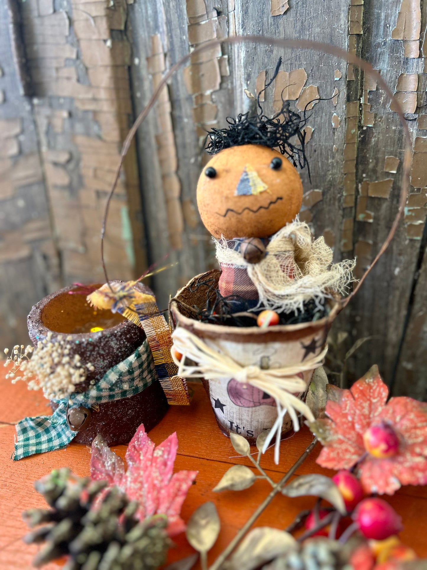 Primitive Pumpkin Patch Scarecrow Doll, Primitive Pumpkin Decor, Grubby Bucket Pumpkin Man, Fall and Autumn Decor, Folk Art