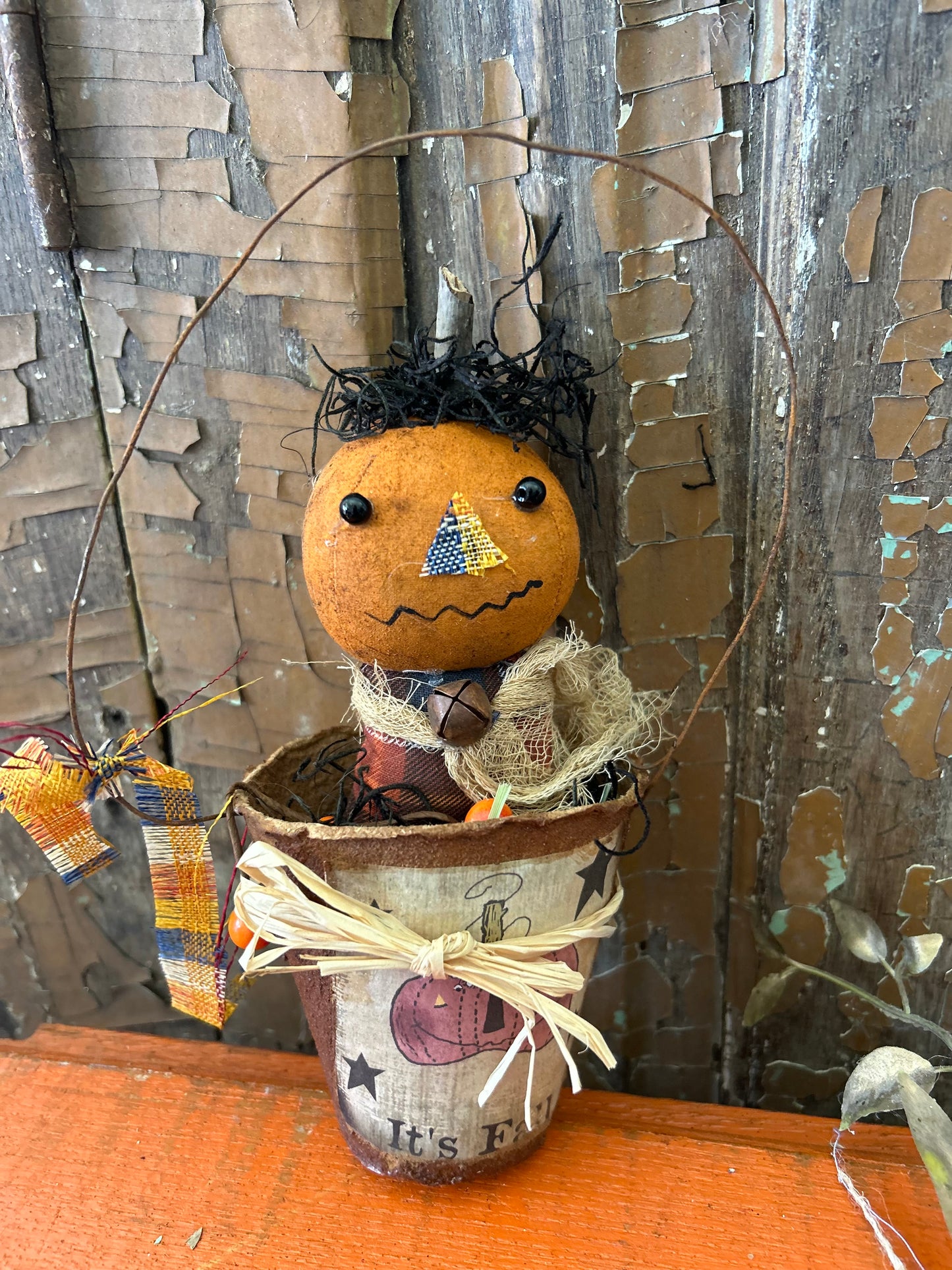 Primitive Pumpkin Patch Scarecrow Doll, Primitive Pumpkin Decor, Grubby Bucket Pumpkin Man, Fall and Autumn Decor, Folk Art