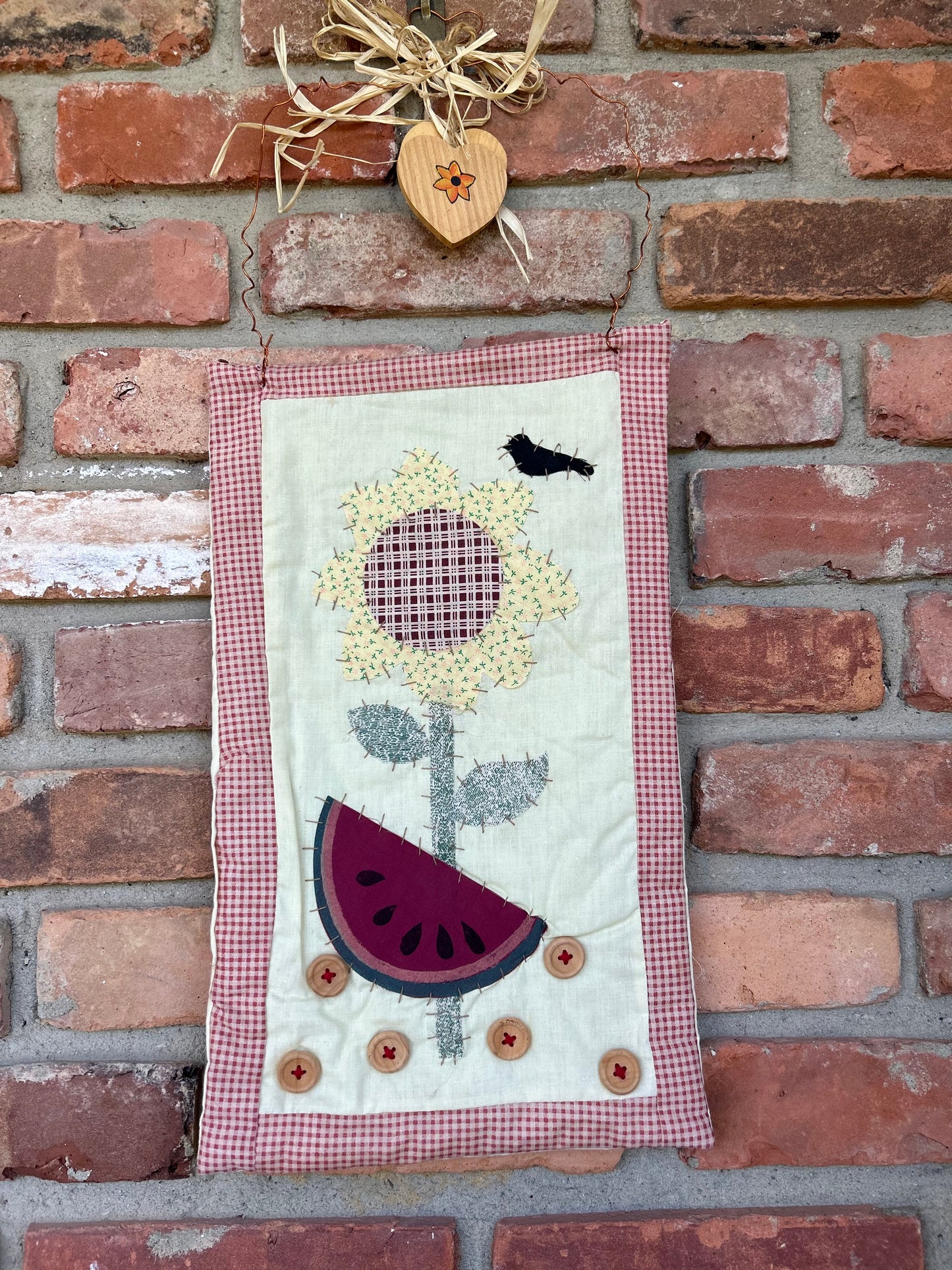 Primitive Summer Quilt Hanging Tapastry, Quilted Wall Decor, Crow and Watermelon, Quilted Hanging Decor