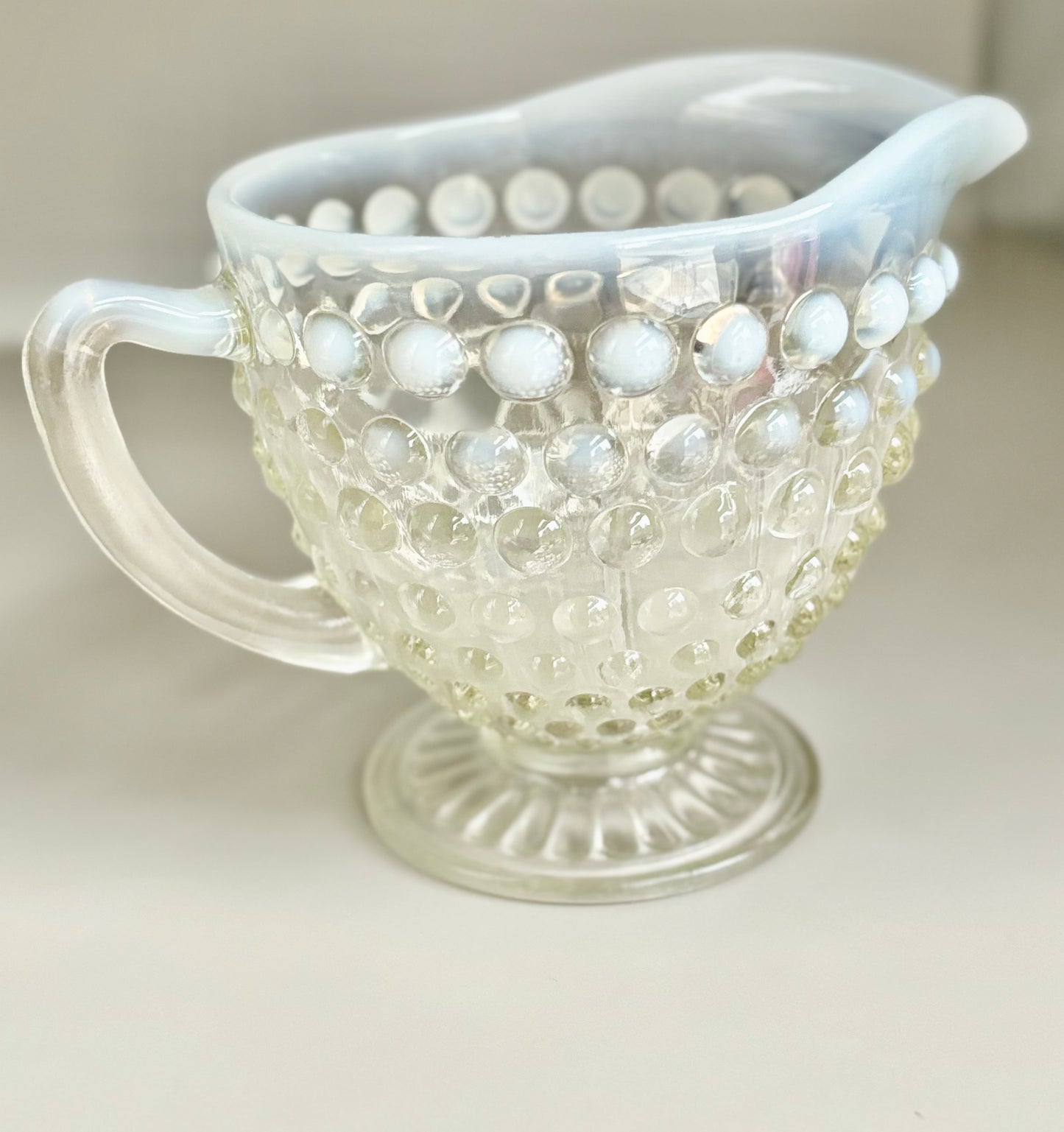 Vintage Fenton White Opalescent Moonstone Hobnail Glass Creamer Pitcher, Rare Fenton Signed